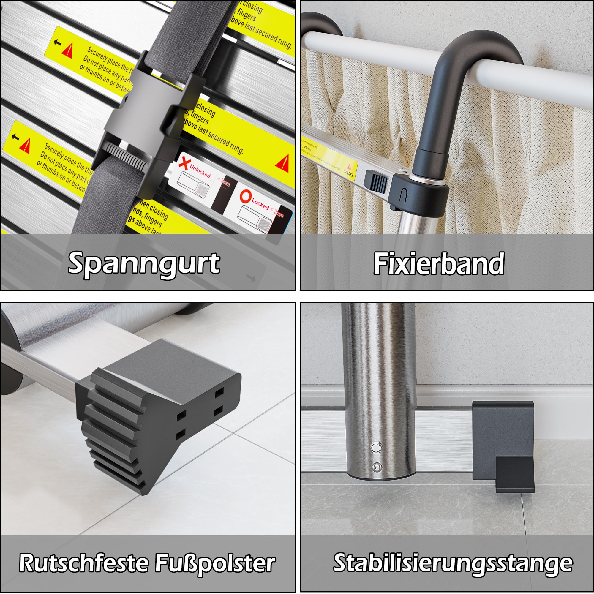 SIMPDIY 4,1M Teleskopleiter, Aluleiter ausziehbar mit Stabilisator, Leiter Ausziehbar mit Haken, 14 Sprossen, für Hause, Wohnmobil und Freien, Tragkraft 150 kg