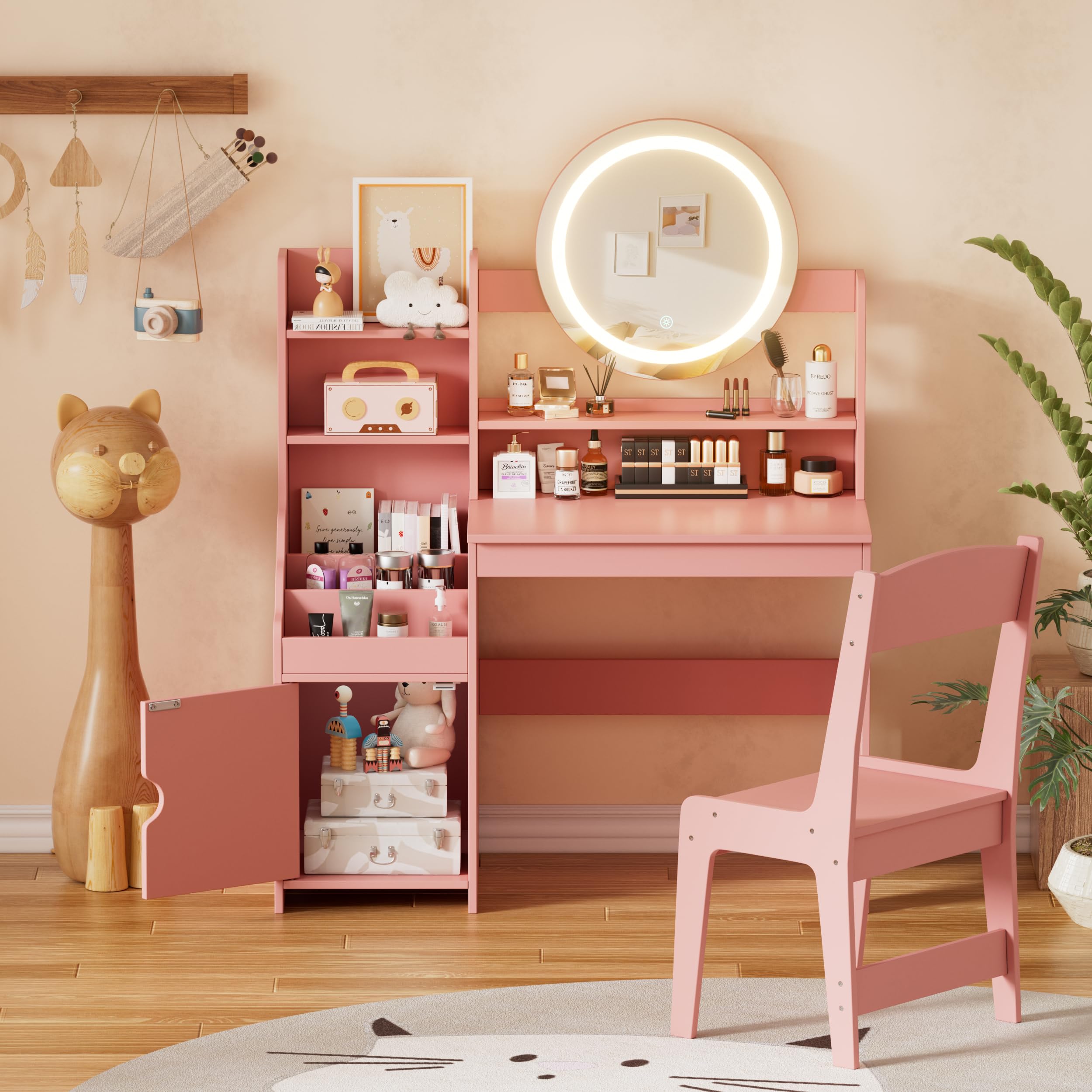 Kids Vanity,Pink Princess Vanity Set with Lighted Mirror,2 in 1 Makeup Vanity with 3-Color Lights,3 Compartments and Storage Cabinet, Vanity Set with Stool for Little Girls