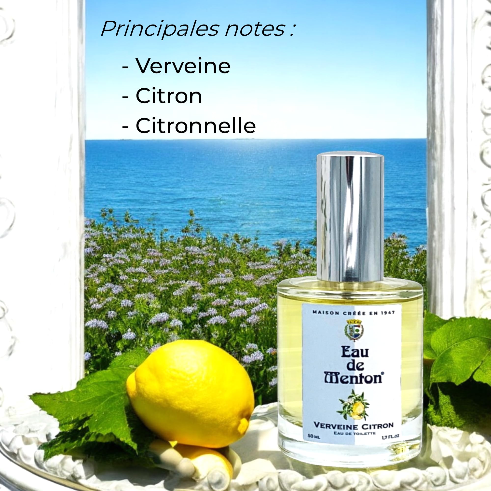 Eau de Menton Verbena-Lemon - Agua de colonia aromática cítrica - Fragancia unisex fresca y natural - Notas de hierbas y cítricos - Perfume artesanal francés - 50.3 ml (50 ml)