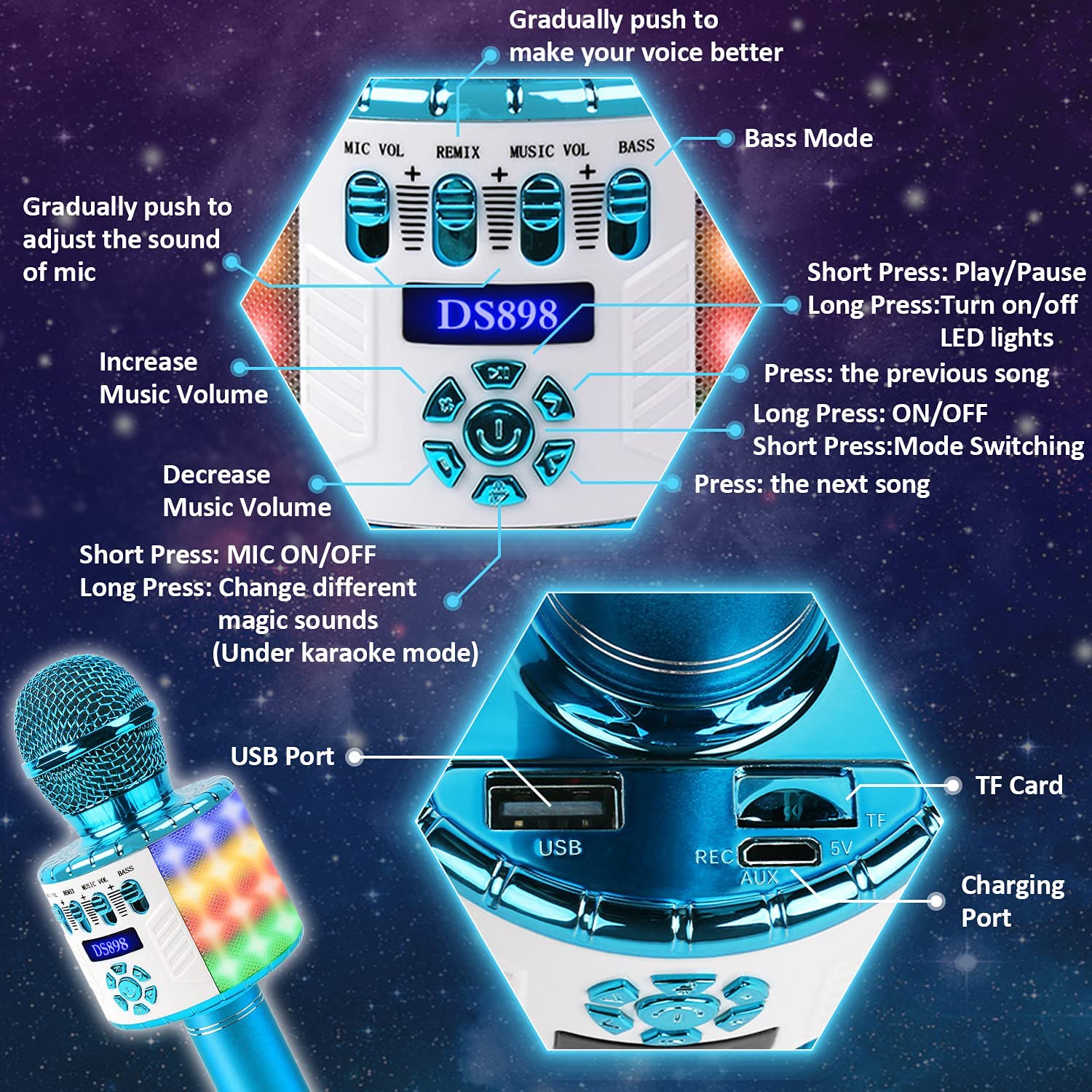 Bezprzewodowy mikrofon bluetooth, karaoke dla dzieci dla doros艂ych ze 艣wiat艂em LED, przeno艣ny r臋czny mikrofon karaoke 3 w 1