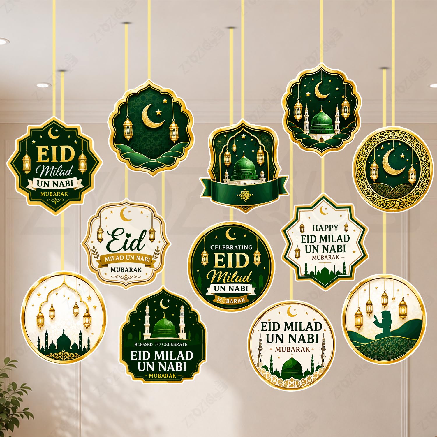 Zyozique 12 Pieces Eid Milad Un Nabi Ceiling Hanging Decorations | Premium Islamic Ceiling Hanging with Ribbon Included | Green & Gold Party Decor for Home, Mosque, Classroom & Eid Celebration-picture-14