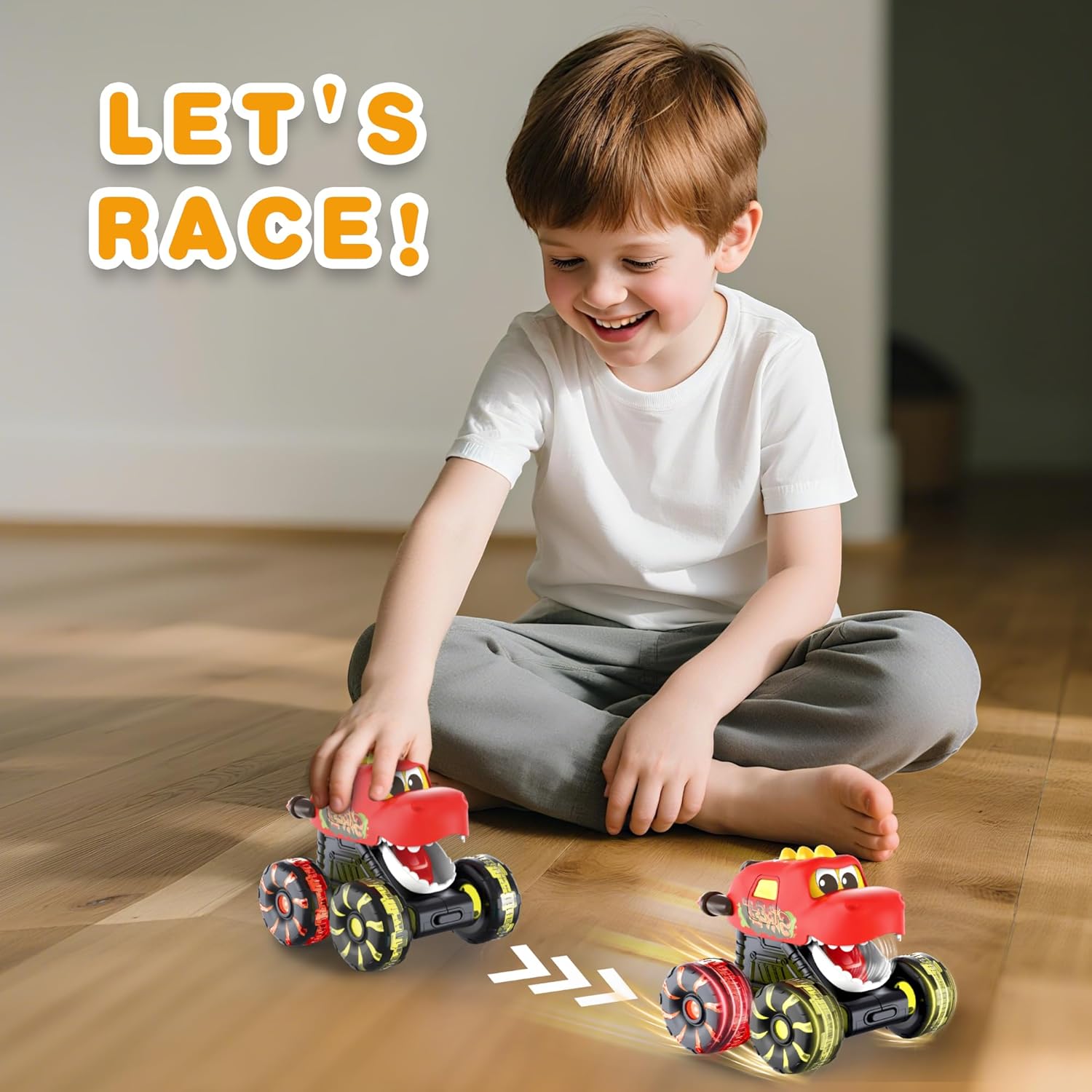 3 Pack Dinosaur Monster Truck Toys with Light-Up LED Wheels for Toddlers Kids