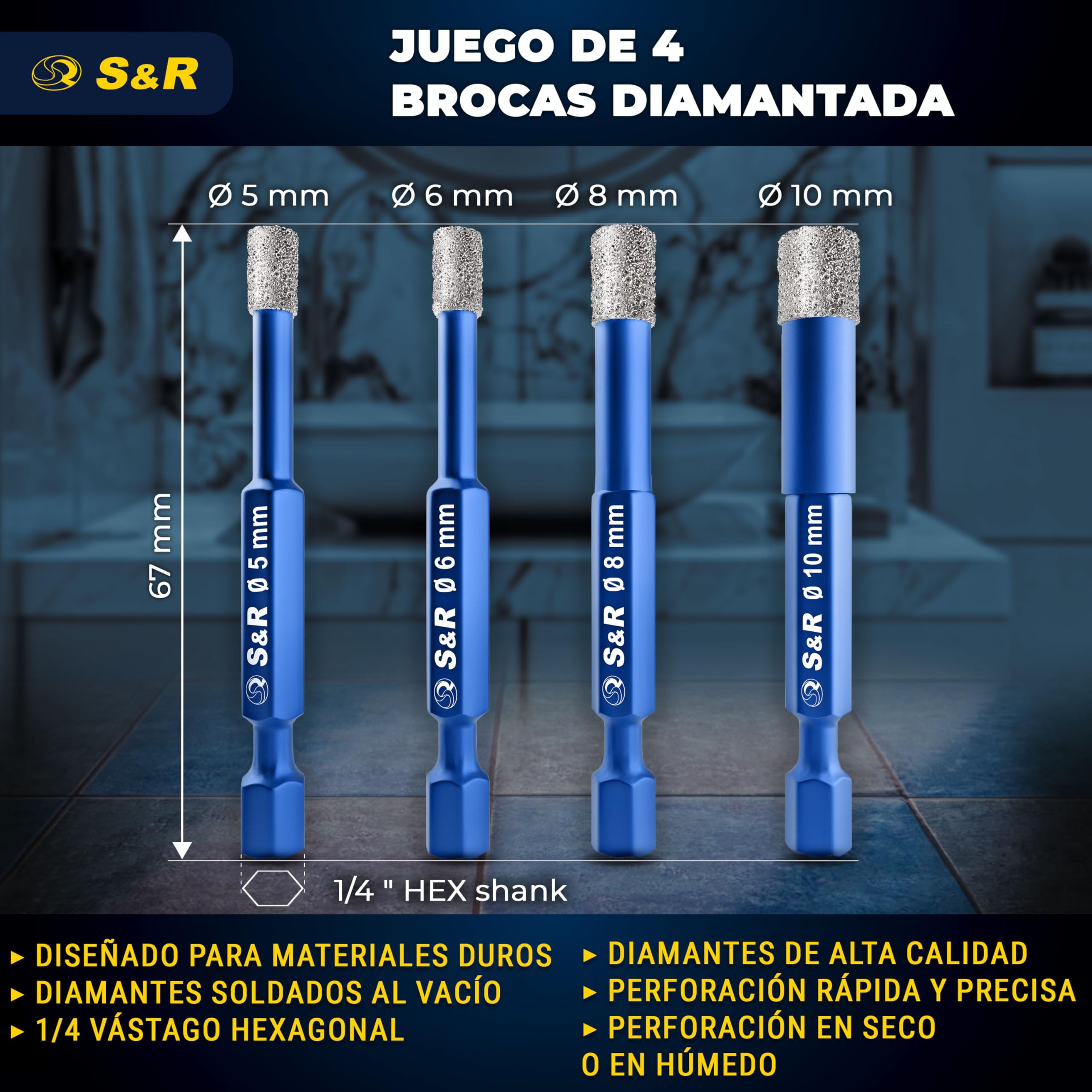 S&R 4 Brocas Diamante para Gres Porcelánico, Azulejos, Vidrio, Baldosas, Cerámica, Piedra, Muro. Brocas diamantadas porfesionales. Vástago Hexagonal