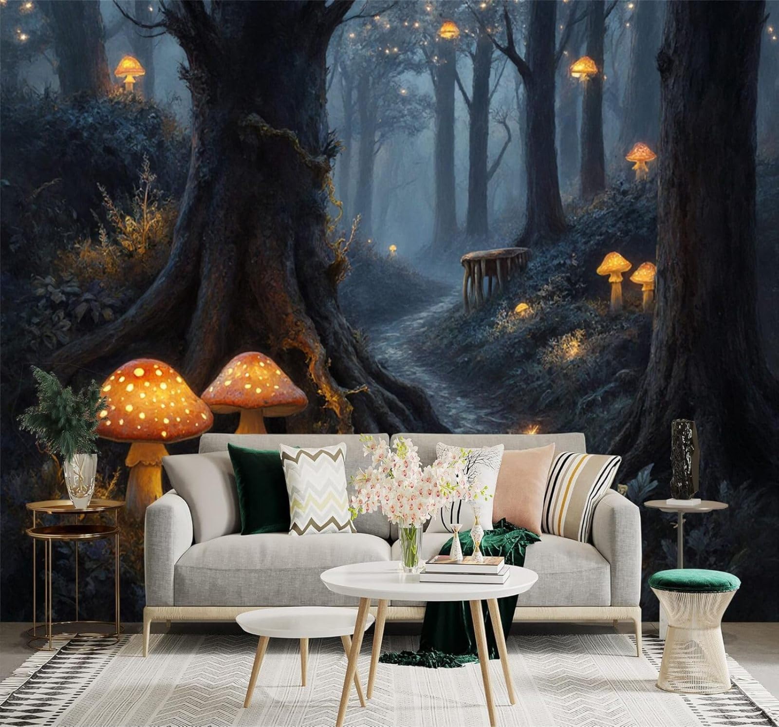 XLMING Forest Path Glowing Mushrooms Lights Night Scene 3D Wallpaper Premium Textured Silk Study Dining Living Room Bedroom Sofa TV Wall Easy Install-430cm×300cm