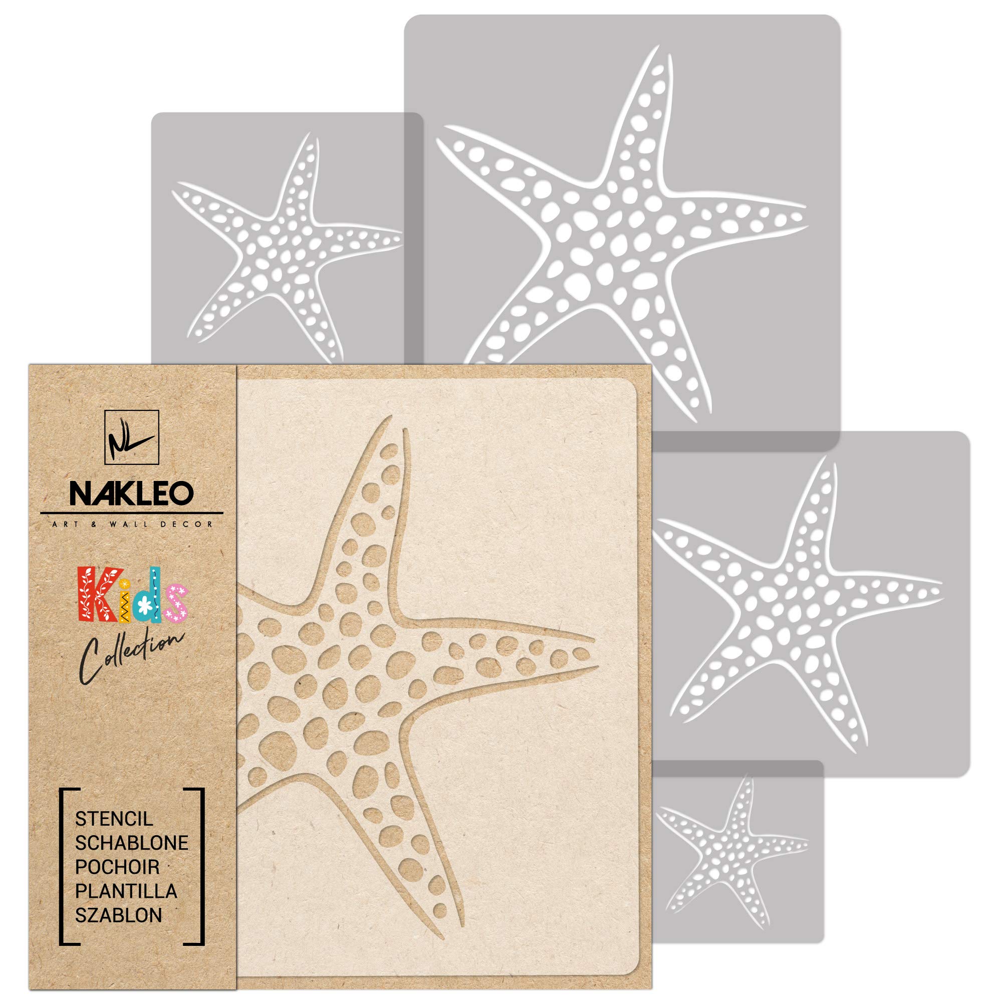 NAKLEO Stencil di Pittura per Bambini, Set di 5 Pezzi da 9x9 a 34x34cm Stella Marina Animale, Modelli Plastica e Riutilizzabili di Stanza Decorazione, Sagome DIY Fai-da-te, Mobili Muro Legno