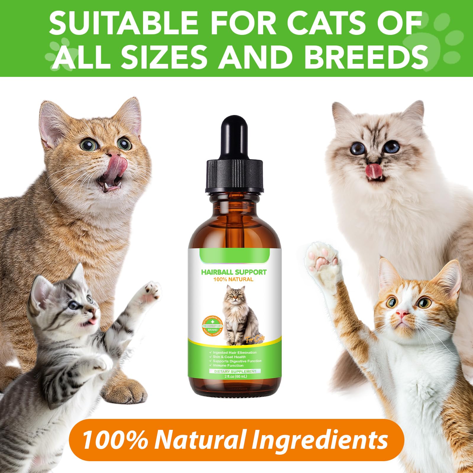 Hairball Trattamento Per Gatti E Gattini, Cat Hairball Remedy, Hairball Support Gocce Sollievo Con Psyllium Husk, Vitamine Per Gatti Lunghi E Brevi Peli, Nutre Capelli E Riduce La Secchezza 60Ml