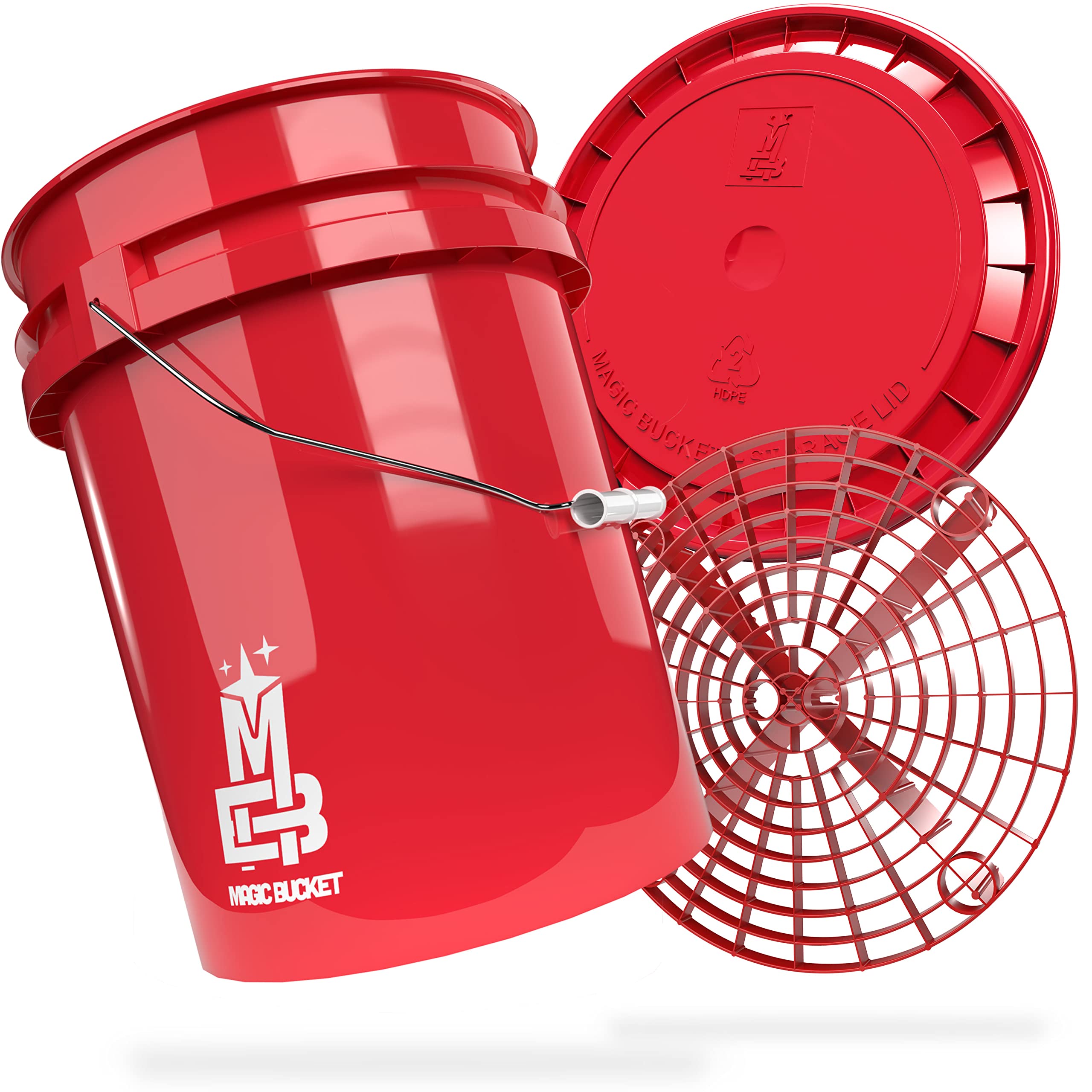 MAGIC BUCKET | Auto Handwäsche Bundle | Wascheimer mit passendem Eimer Deckel 5 US GALLONEN ca. 20 Liter | Mit Grit Guard Eimereinsatz Schmutzsieb | Waschset Rot/Rot