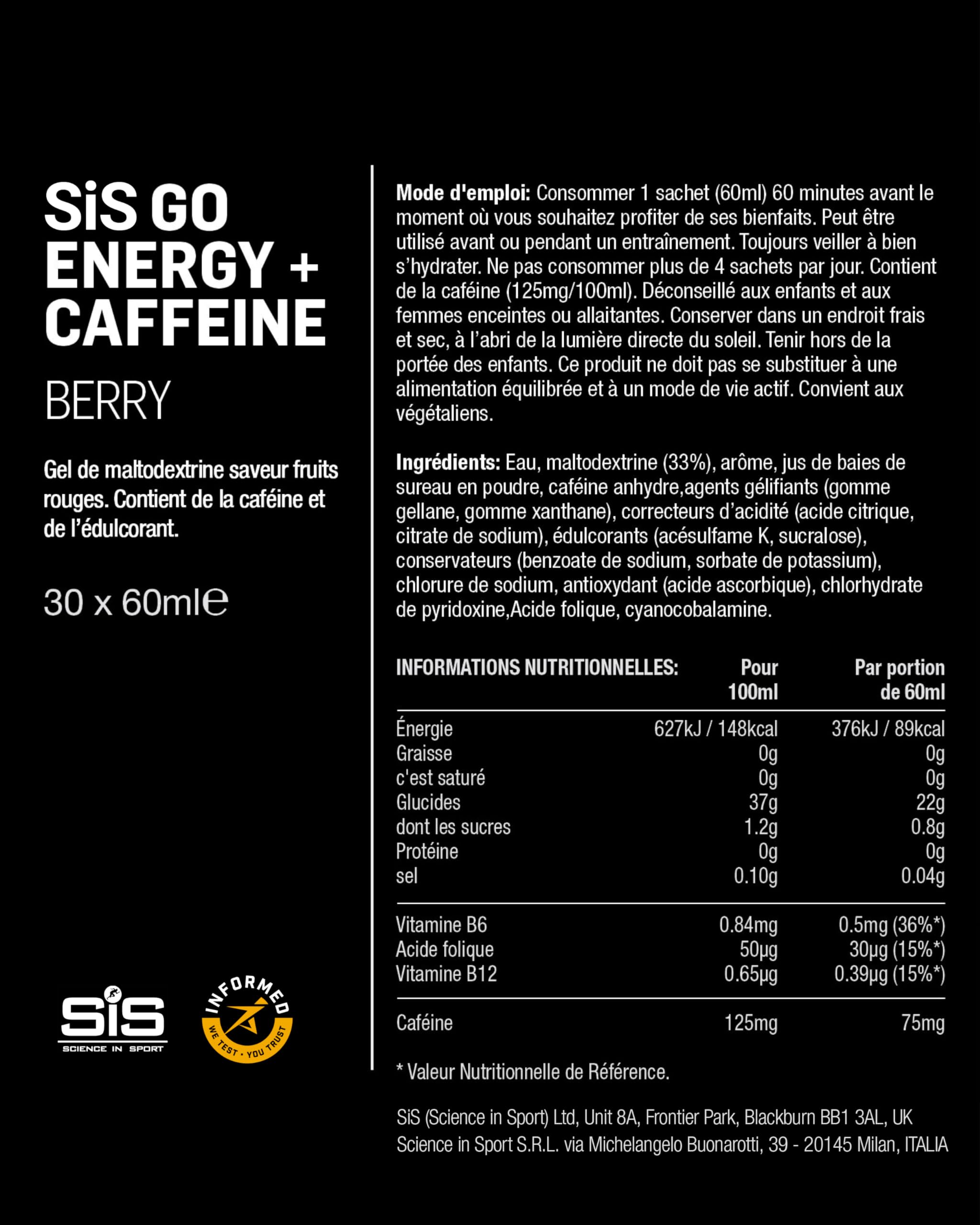 Science in Sport GO Energy Gel + Caféine Gel 30 x 60ml Fruits rouges, Vegan - Gel avec 75mg de caféine & 22g de glucides, énergie pour sportifs d’endurance