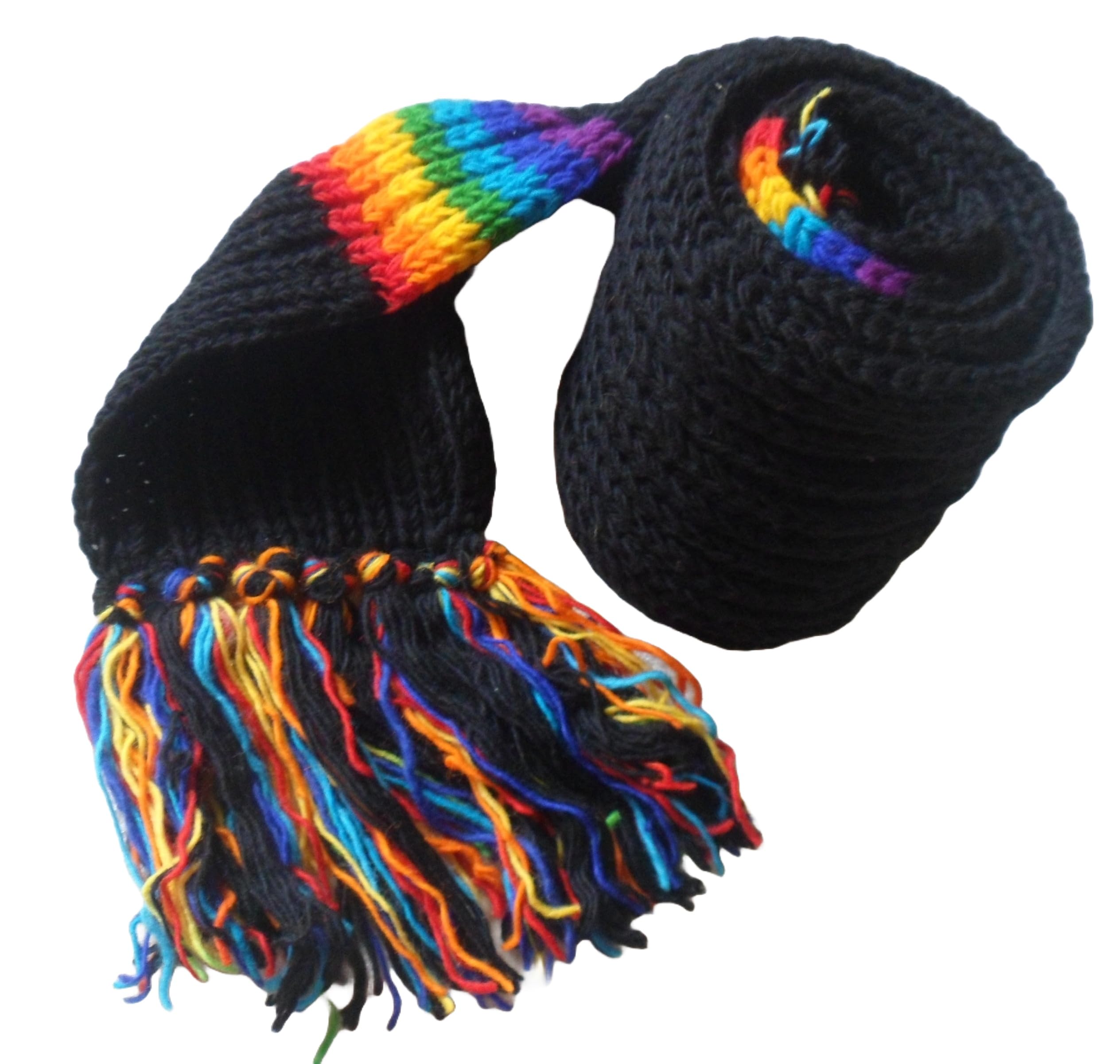 NATURAL FLOW Fair Trade Nepalese Hippy Boho Black/Rainbow Wool Striped Festival Scarf