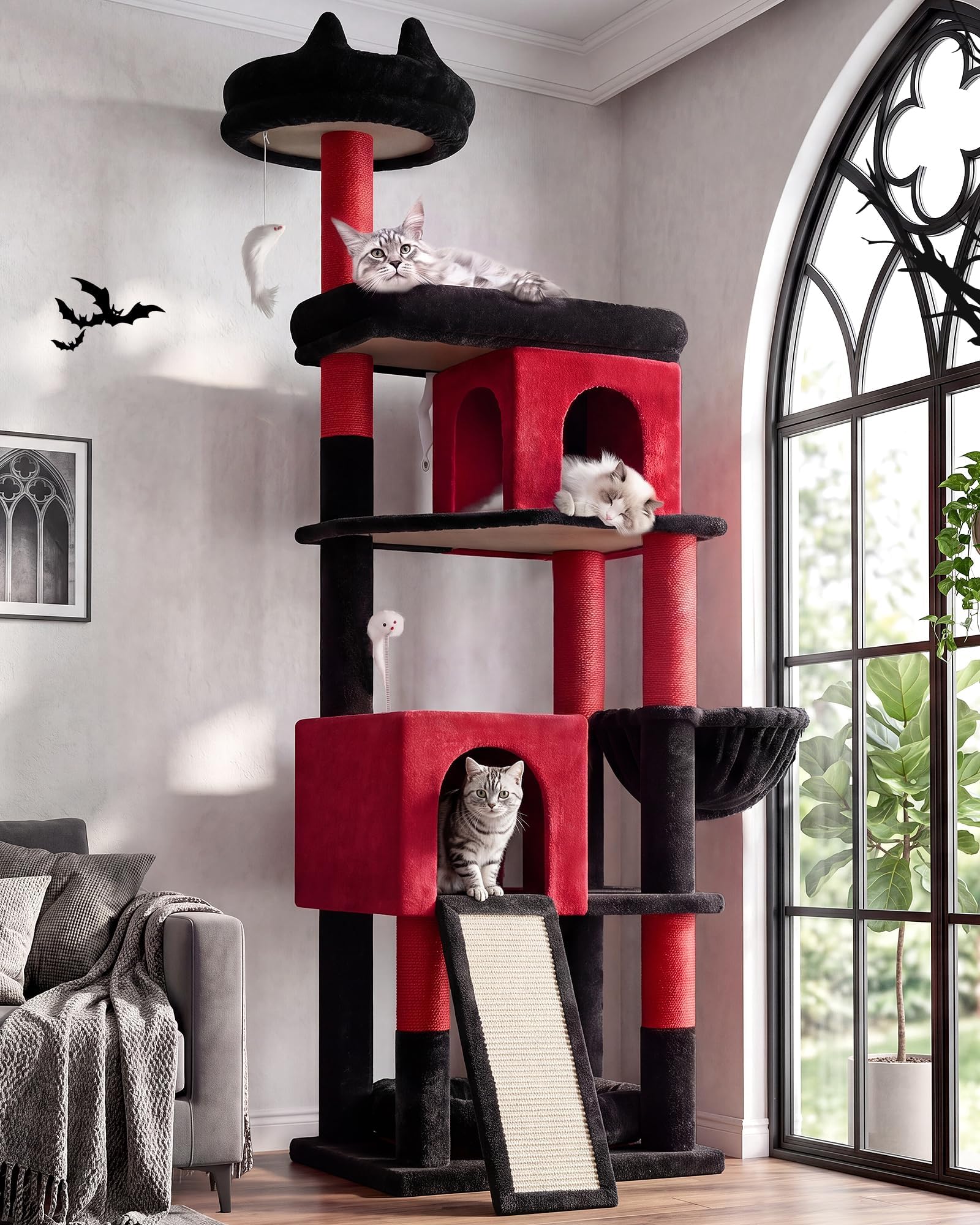 Globlazer Heavy Duty Gothic Cat Tree, 72in Large Cat Tower with Coffin Bed, Sturdy Maine Coon Cat Tree for Large Cats 20 lbs+, Medieval Castle Style with 6 Scratching Posts & Hammock, S72, Black & Red