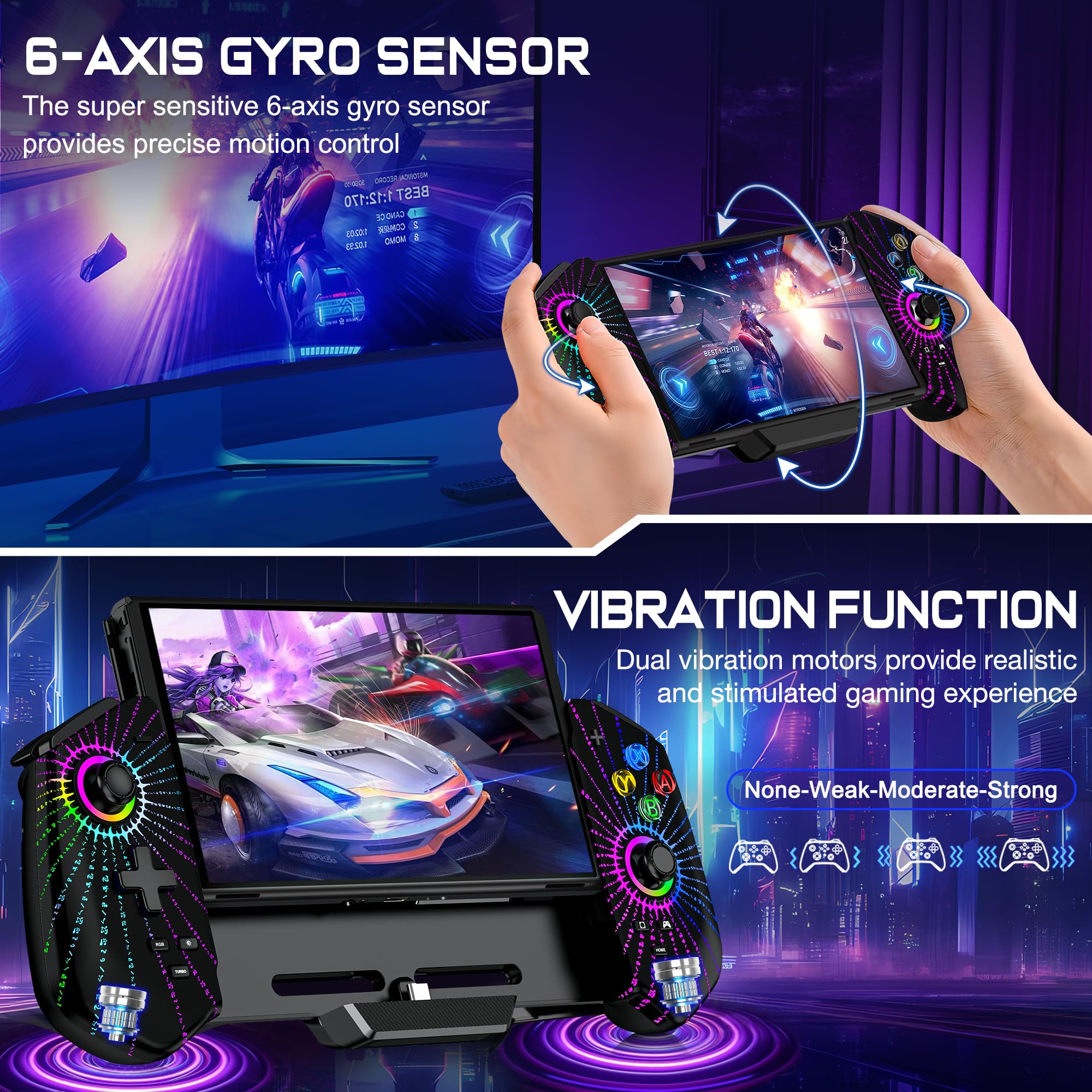 HELLCOOL Hall-Effekt Switch Controller, Plug&Play Handheld Switch Controller für Switch/OLED Konsole, Präzise Joystick, Cooles RGB-Licht Look, 4xSpiele Karten Slots