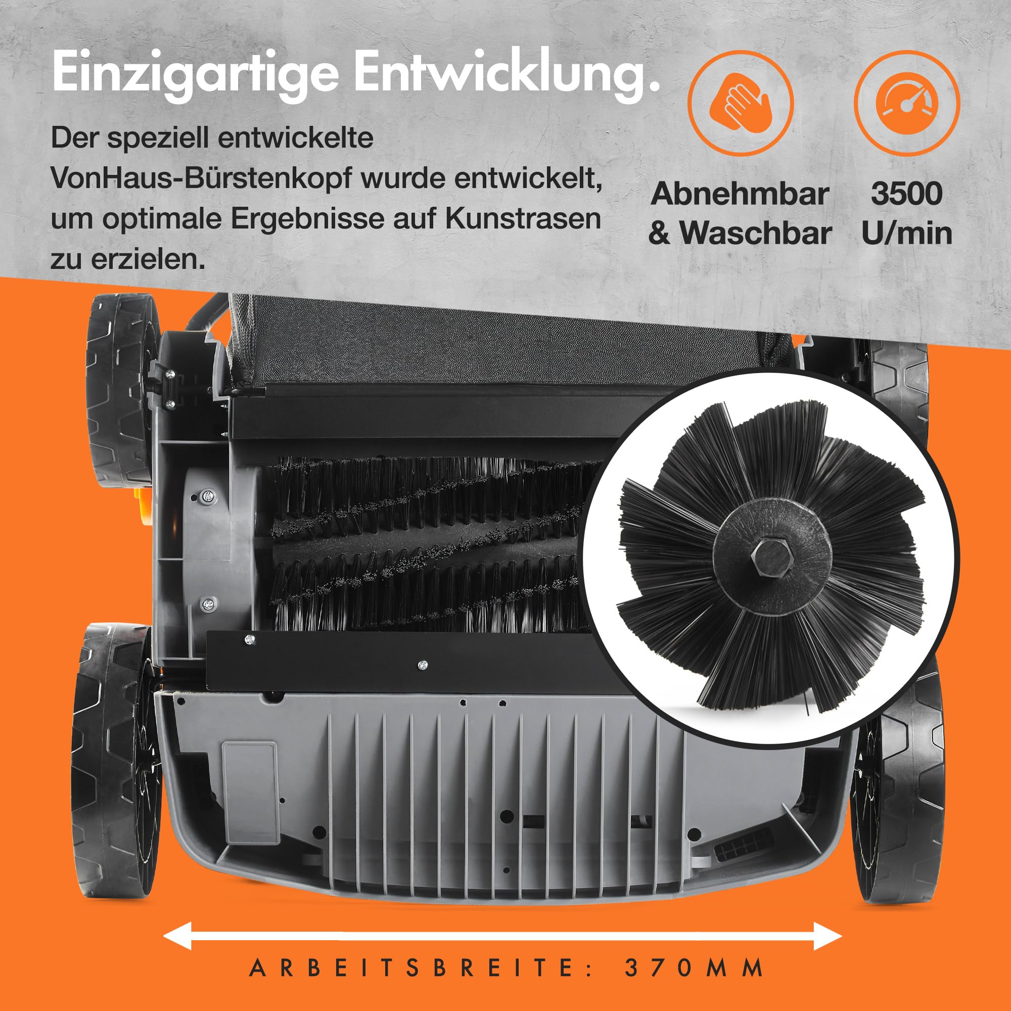 VonHaus Kunstrasenbürste 1800W, Laubsammler für Kunstrasen, Elektrische Kunstrasen Kehrmaschine Reiniger, 45 L Fangsack, 5 Einstellbare Höhen, 380 mm Arbeitsbreite, Klappbarer Handgriff
