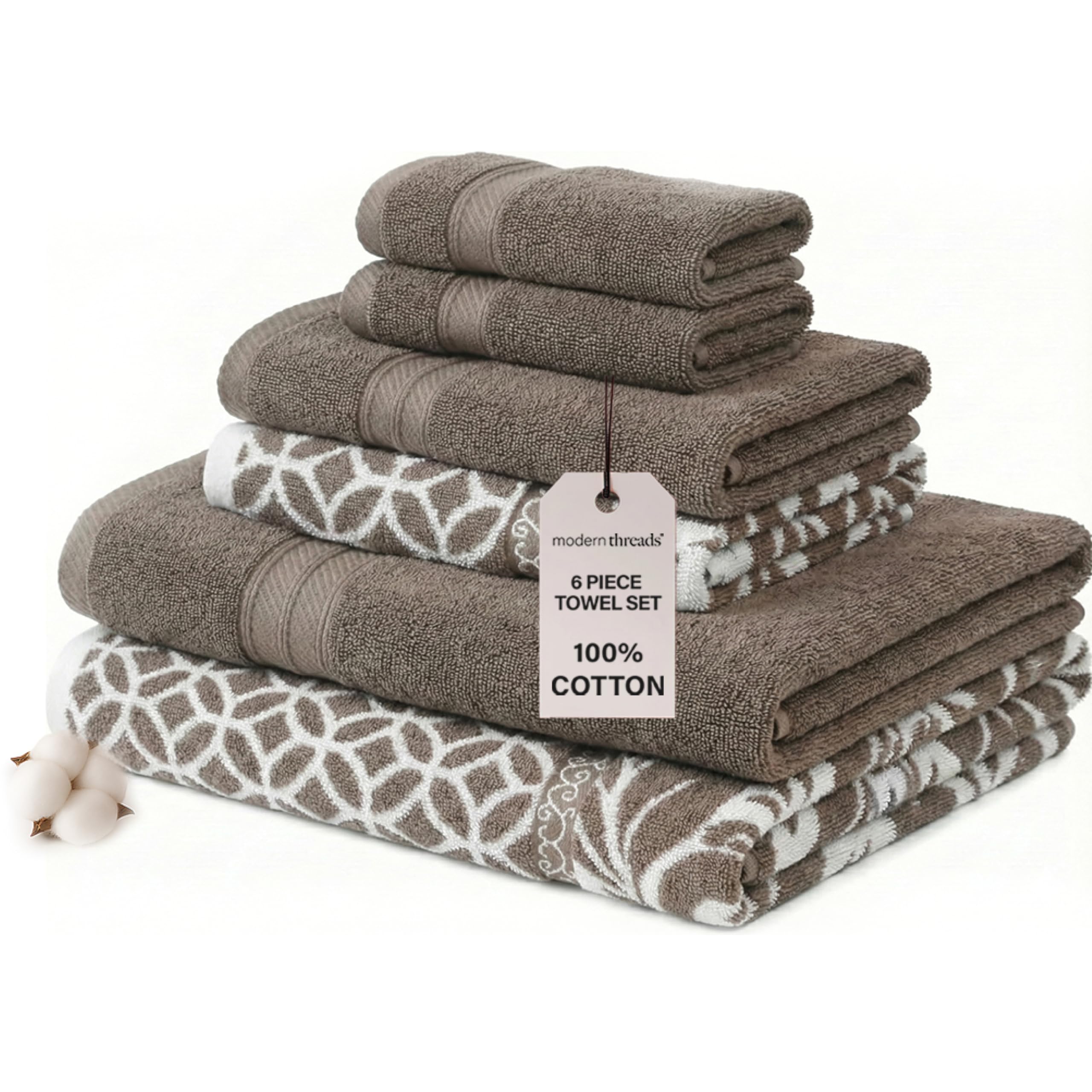 Modern Threads Trefoil Filigree 6-Piece 100% Cotton Towel Set – Reversible Yarn Dyed Jacquard – Includes 2 Bath Towels, 2 Hand Towels, 2 Washcloths – Absorbent, Quick Dry, Soft & Durable – Mocha Brown