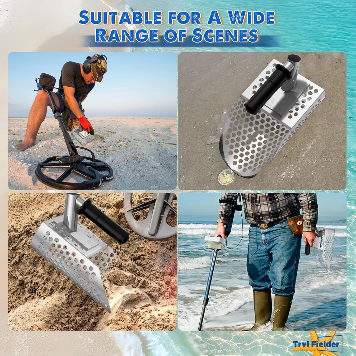 Pelle à Sable Inoxydable Long Manche Pour Détection De Métaux – Tamis Plage Anti-Rouille Avec Perche Amovible
