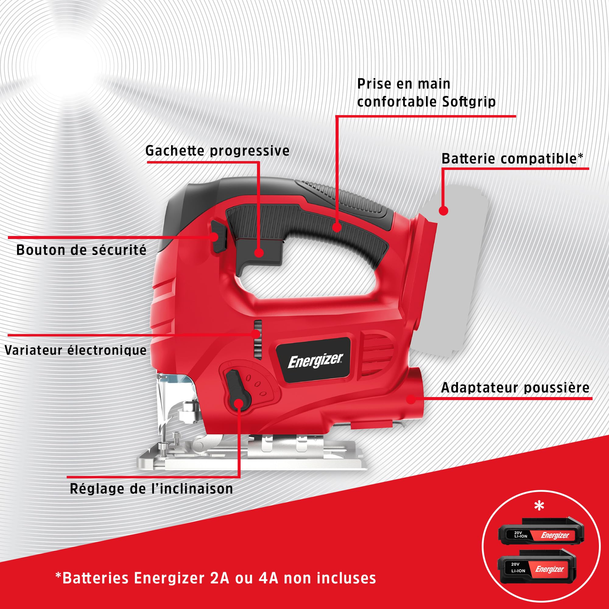 Energizer - Sierra de calar inalámbrica 20 Voltios – 2300 OPM, corte madera 80 mm/metal 6 mm – Incluye 2 baterías 20V 2AH + cargador - Cambio rápido de hoja sin herramientas, conexión para aspiració