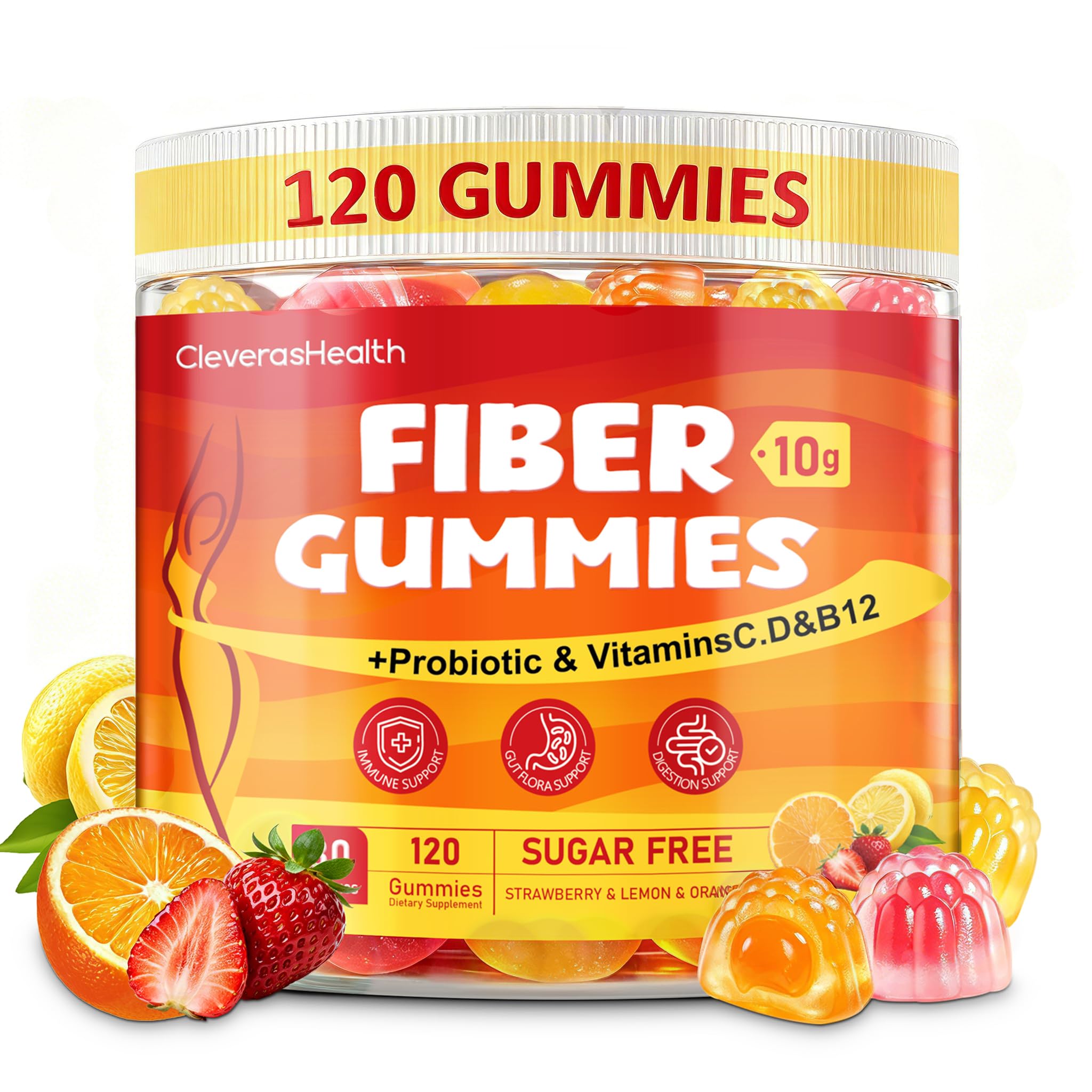 10G Fiber Gummies for Adults with 30 Billion CFU Probiotics,Vitamins C, D, B12,Electrolytes - Supports Digestive Health & Relieves Constipation and Bloating,Sugar Free - 120 Count