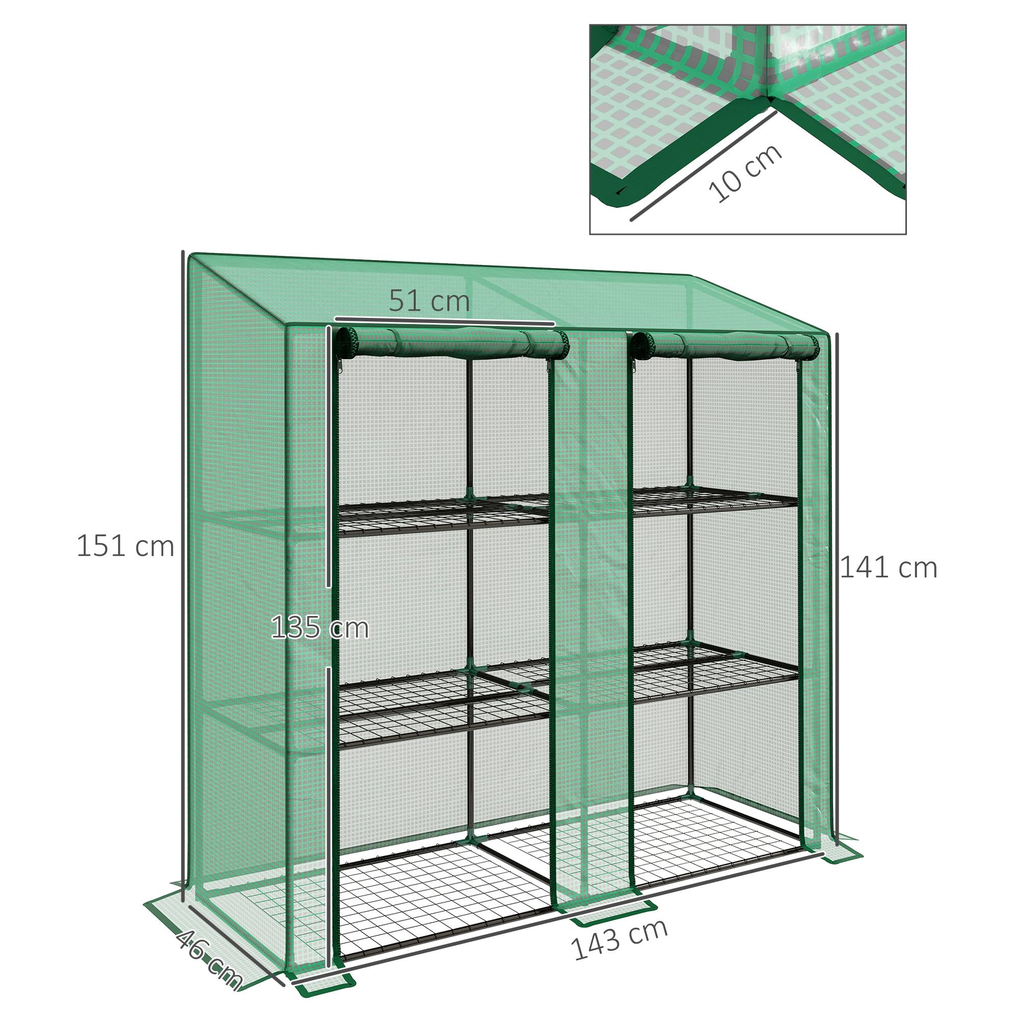 Outsunny Serra da Giardino con Copertura in PE e 6 Mensole a Rete, Serra Addossata da Balcone con 2 Porte Avvolgibili, 143x46x151cm, Verde