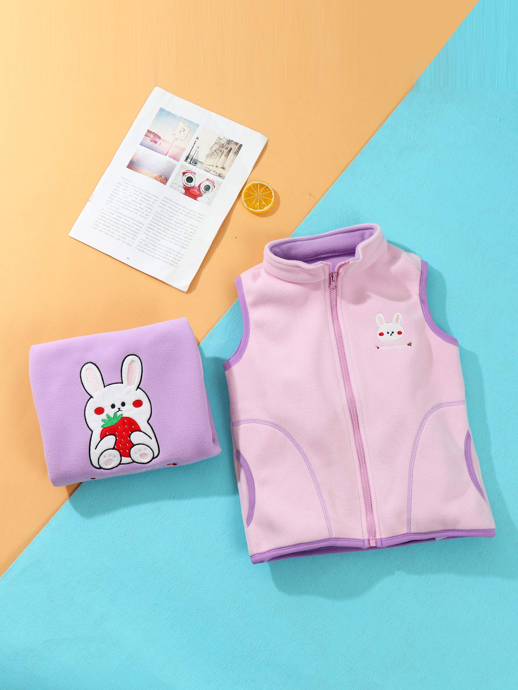 Gilet en Polaire pour Bébé et Tout-petit Enfant Filles Col Montant Fermeture Éclair Manteaux sans Manches Dessin Animé Lapin Motif