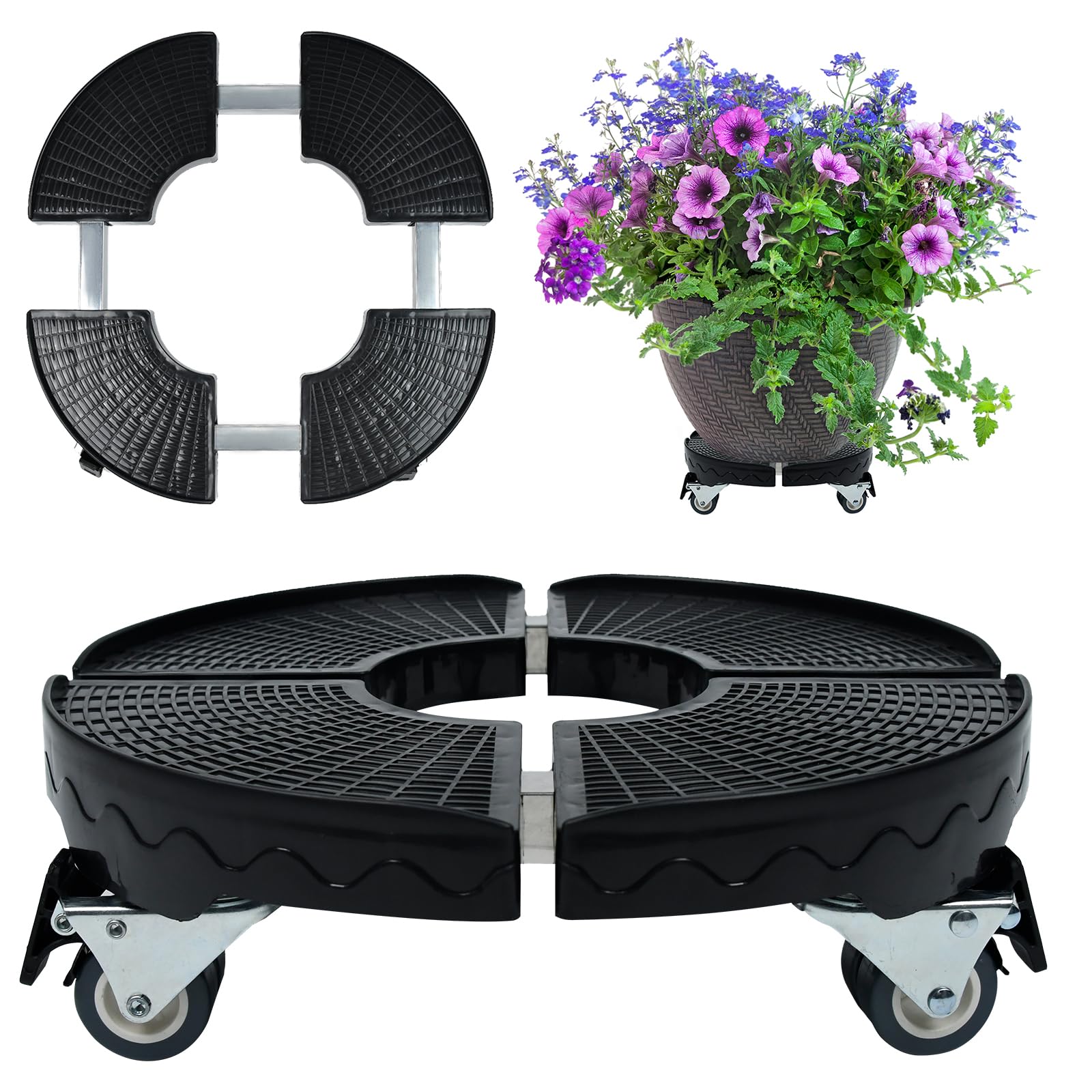 XMTECH Support de pot de fleurs réglable de 39 à 52 cm de diamètre, avec roulettes, soucoupe de fleurs sur roulettes jusqu'à 300 kg, planche à roulettes pour l'extérieur et l'intérieur, noir