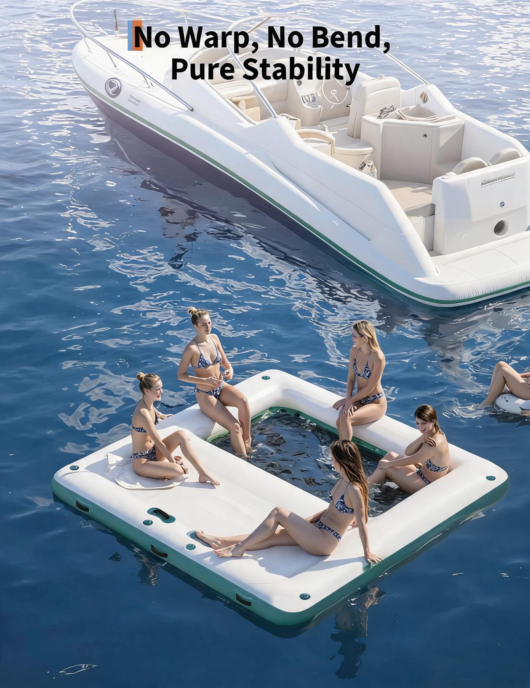 3 x 3 m Heavy Duty Gonfiabile Piattaforma di bacino galleggiante | Con amaca e trampolino in rete, piattaforma antiscivolo in EVA, scala in corda staccabile, zattera d'acqua per lago, piscina