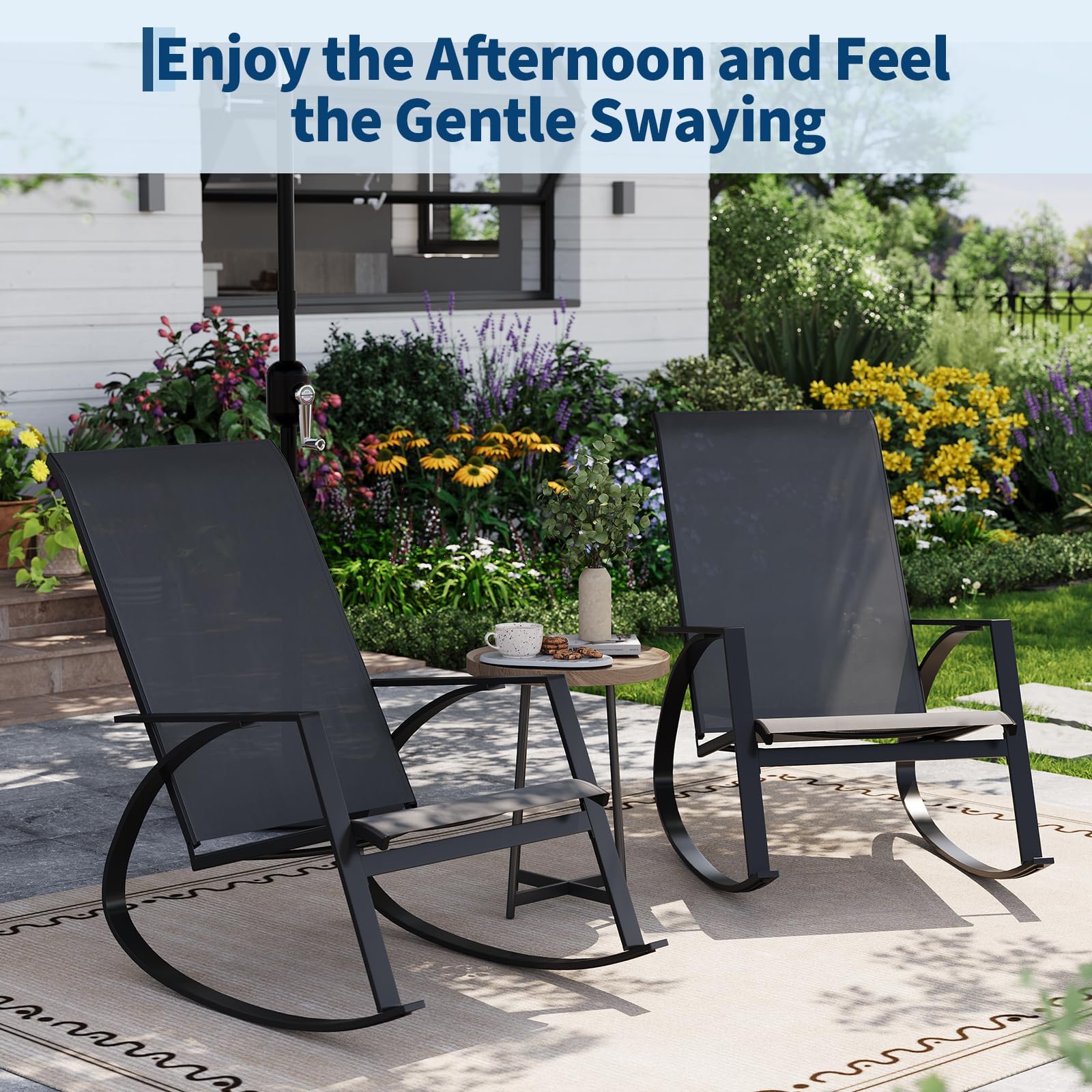 2er Set Garten-Schaukelstuhl, mecedoras de Exterior | robuster Metallrahmen, ergonomische Sitzform, hohe Rückenlehne, Tela transpirable, für Garten/Terrasse/Balkon