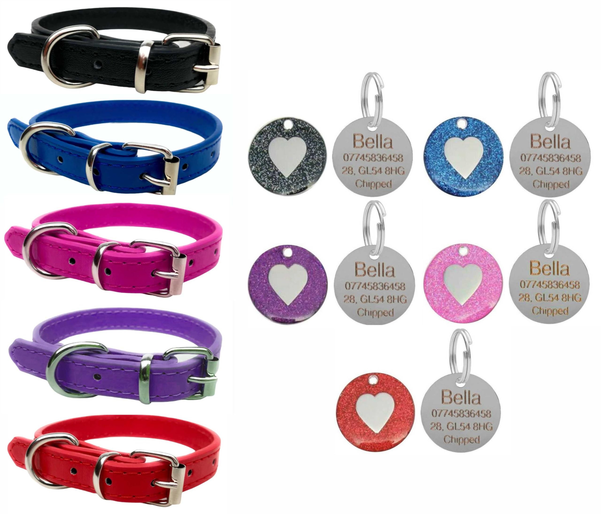 Vibrant Leather Dog Collar for Puppy, Dogs Small, Medium & Large With Personalised Engraved Round Glitter Heart Tag (X-Large (45cm - 55cm Neck), Pink)