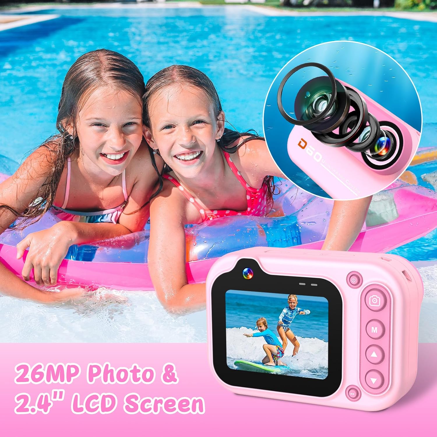 Kids Waterproof Camera 1080P HD 26MP Digital Camera Underwater Camera 10FT /3M, 10X Digital Zoom Children Waterproof for Kids Boys Girls Snorkeling, Swimming, Beach, Water Park - Pink