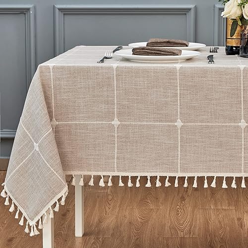 Mebakuk Rectangle Table Cloth Checkered Farmhouse Tassel Tablecloth Wrinkle Free and Washable Decorative Embroidered Fabric Table Cover for Kitchen (55" x 70" (4-6 Seats), Coffee Grid)