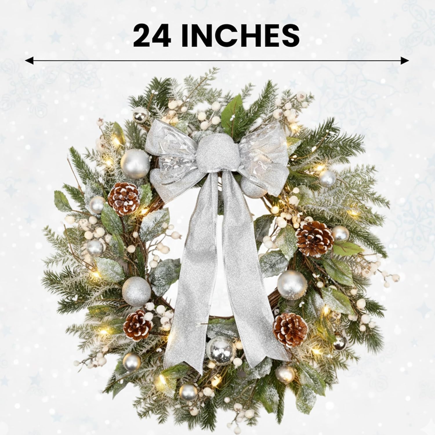 24 Inch Christmas Wreath for Front Door with Lights Silver Bow Pine Needles White Berries Pine Cones Snowy Christmas Ball Decorations for Winter Holiday Xmas Decor - Image 3