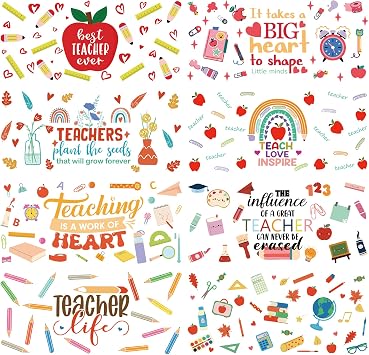 AFRITEE UV DTF Cup Wraps - 8 Sheets Teacher 16oz Glass Cup Wraps Stickers for School Teacher Cute UV DTF Rub On Transfers Stickers Cup Decals with Colored Teaching Pencils Apple Ruler Pattern
