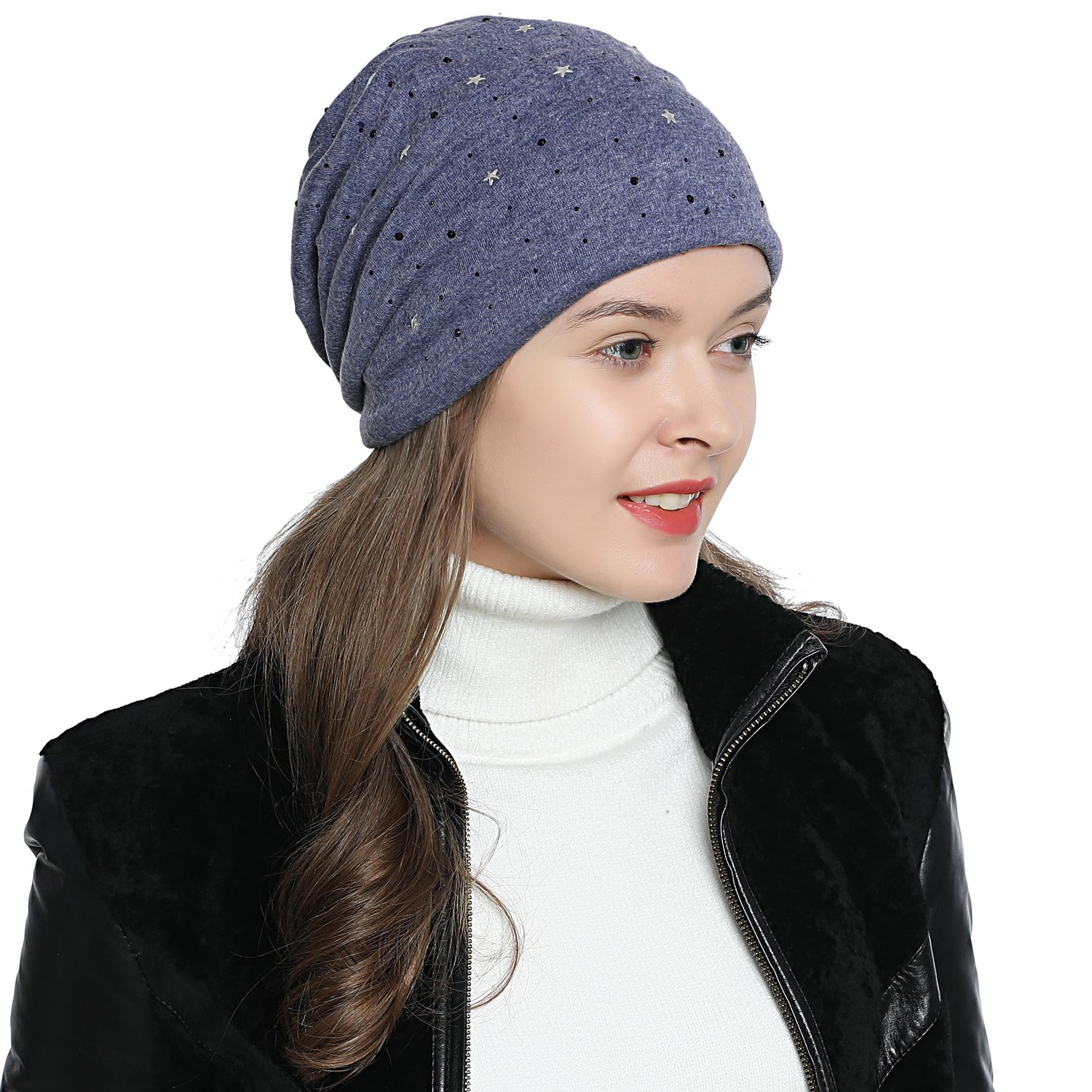 DonDon Mütze Damen Wintermütze Slouch Beanie gefüttert mit Stern Print