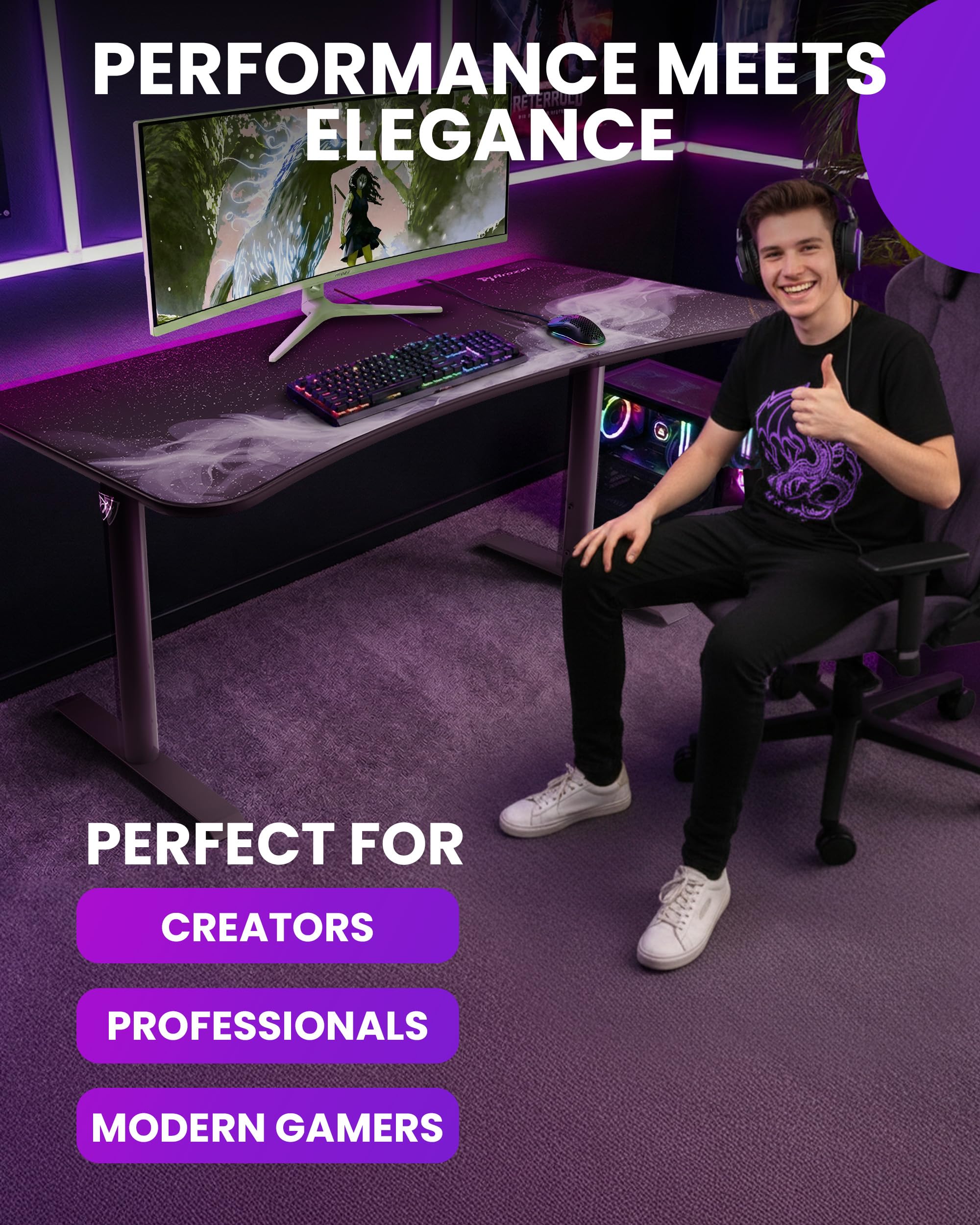 Arozzi Arena Gaming Tisch - Groß 160x82cm Gaming Schreibtisch für kleine Räume - Höhenverstellbar PC Tisch mit Full-Surface Mikrofasermauspad - Kabelmanagement und stabile Stahlbeine - Gunmetal Galaxy
