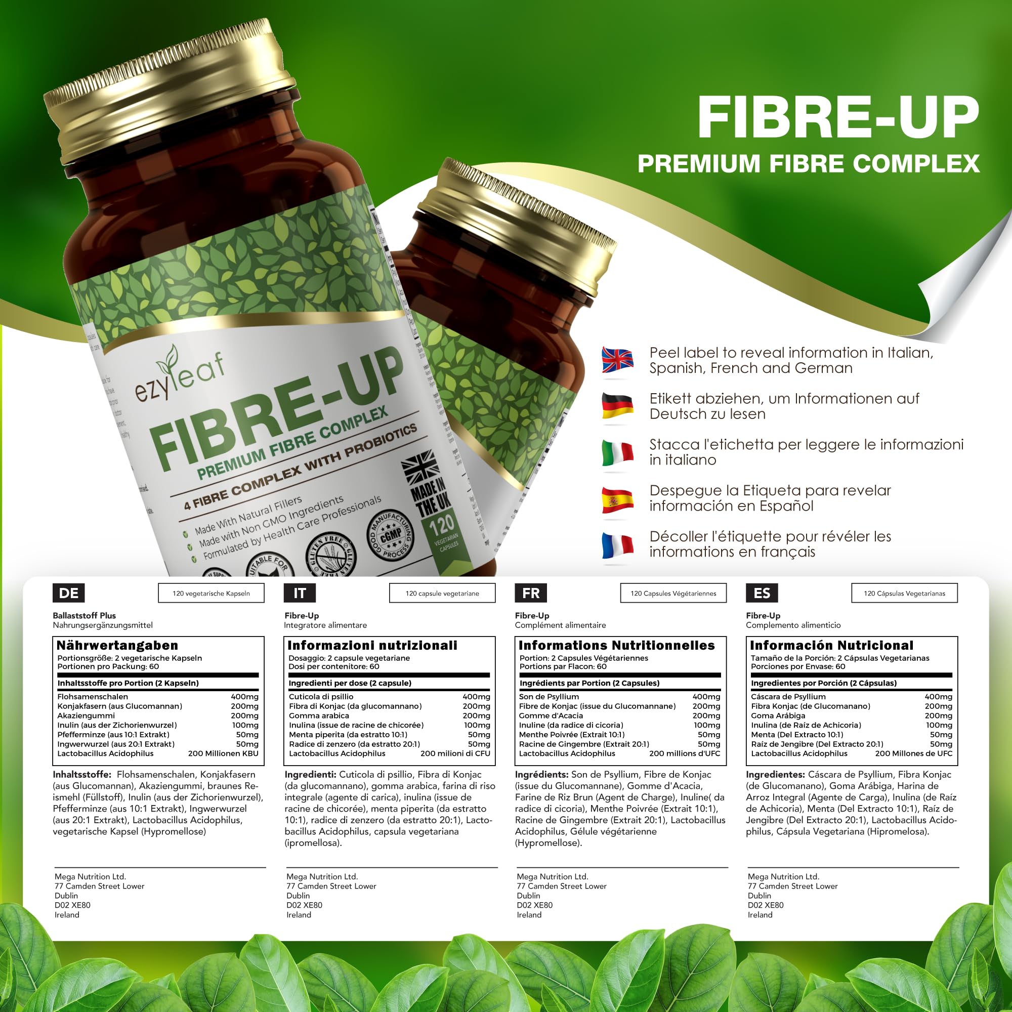 Ezyleaf Fibre Psyllium Husk Probiotique 1000mg | 120 Gelules Vegetaliennes | Fibre-Up de Glucomannane de konjac gomme acacia fibre prebiotique inuline L-Acidophilus | Sans allergène | Certifié ISO UK