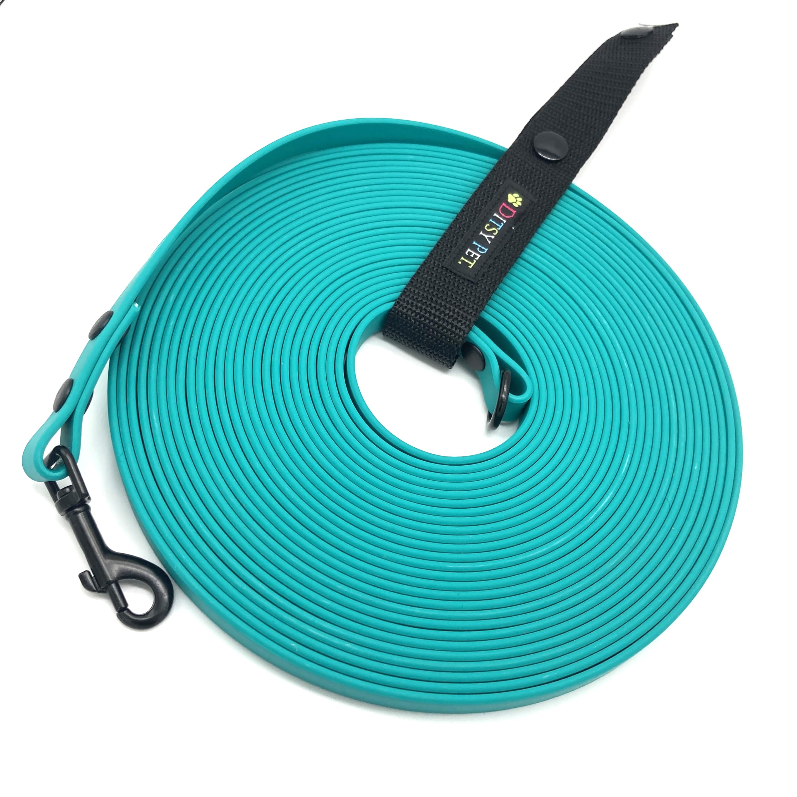 Ditsy Pet 8M 10M 15M Waterproof Coated Webbing Training Lead with Fixed Handle Long Line For Training Recall and Obedience Suitable for Small Medium and Large Dogs (Teal, 15M)