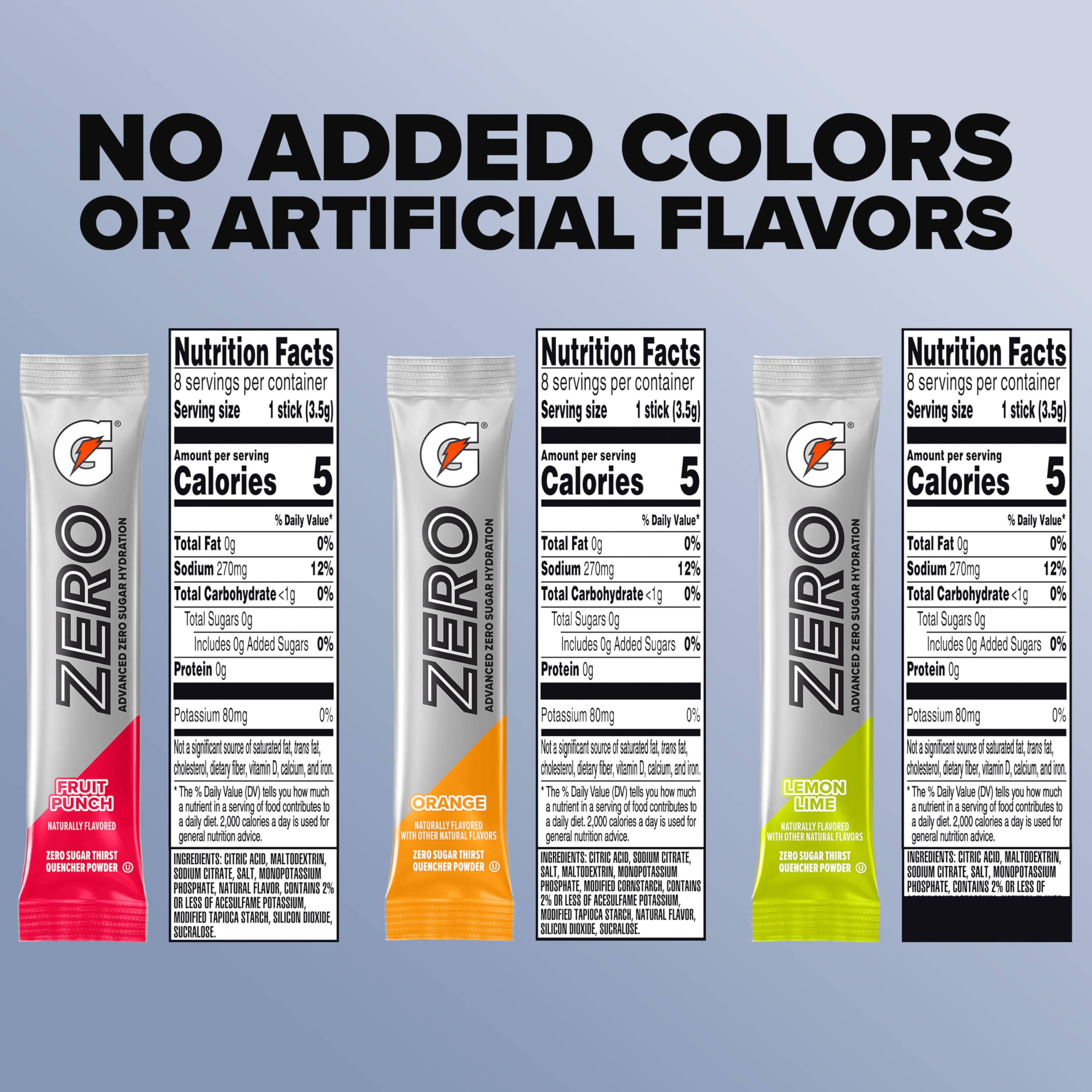 Gatorade Zero Sugar Electrolyte Powder Drink Mix, 3 Flavor Variety Pack, (32 Servings), No Artificial Flavors, No Added Colors, Zero Sugar, Sports Drinks, Hydration, Electrolyte Drink