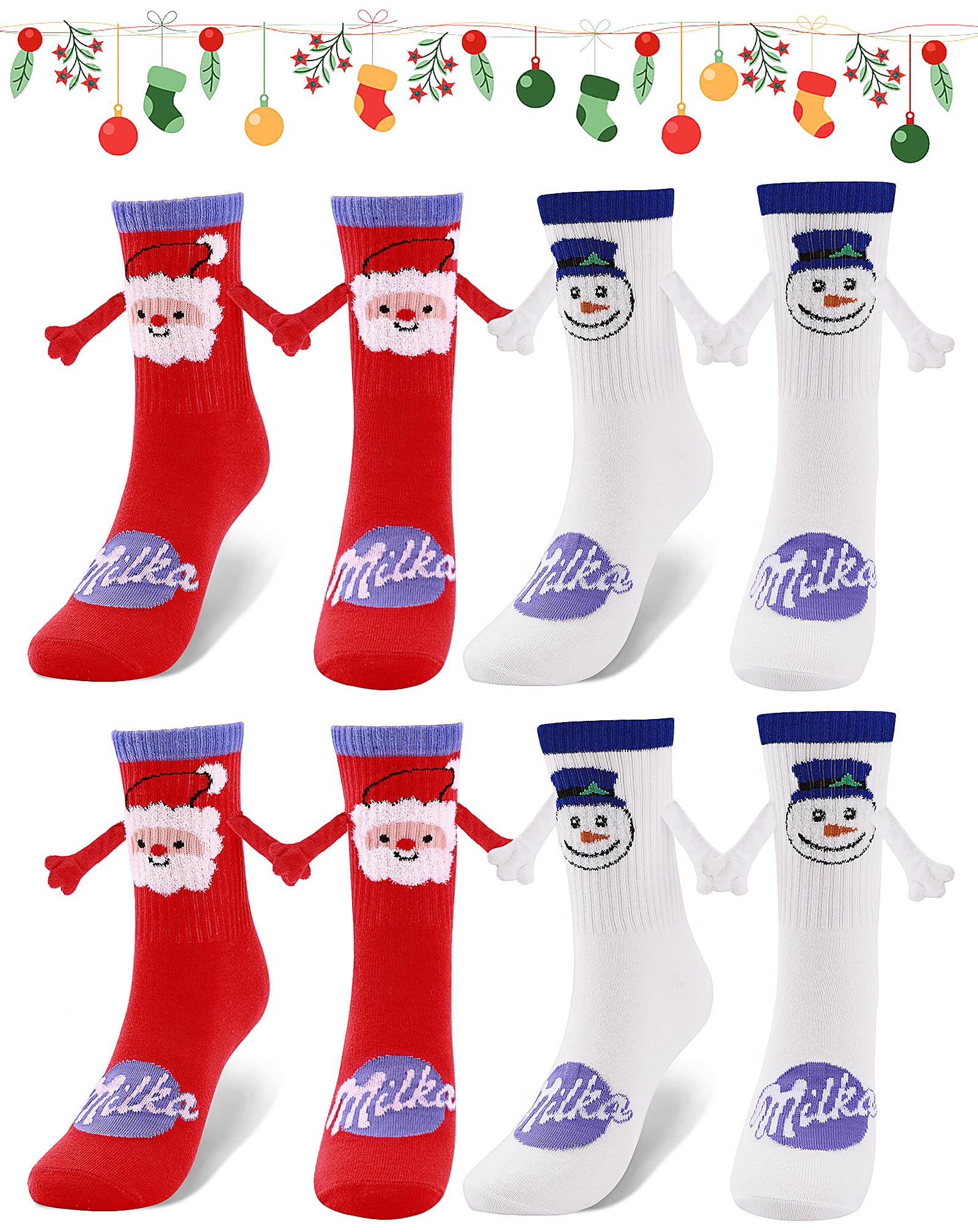 Lot de 4 paires de chaussettes de Noël amusantes tenant les mains, magnétiques pour homme et femme, chaussettes de vacances folles avec imprimé de Noël, chaussettes de Noël fantaisies pour couple