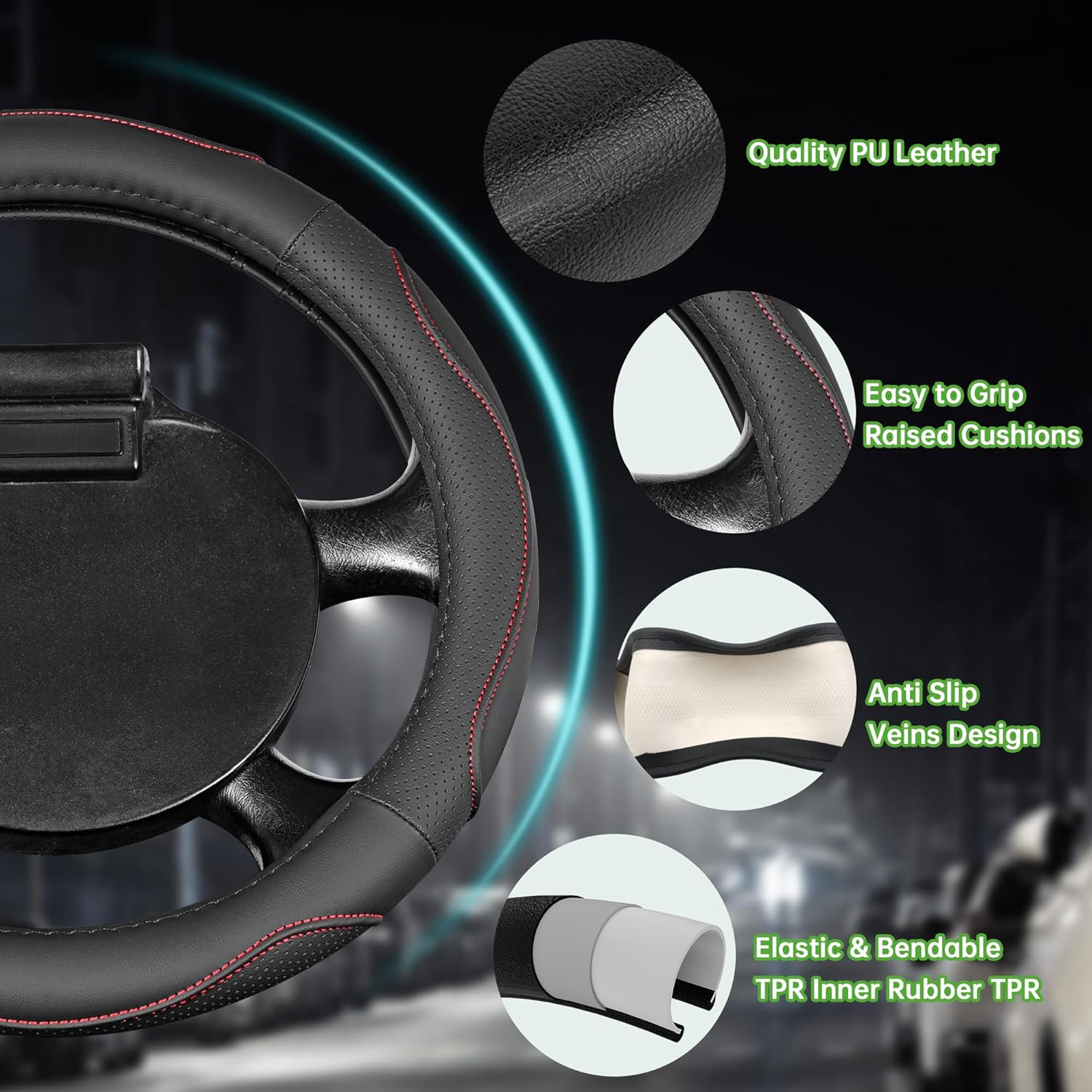 10L0L 13 Inch Golf Cart Steering Wheel Cover for EZGO TXT RXV, Anti Slip PU Leather & Comfortable Grip Feeling-Black Red