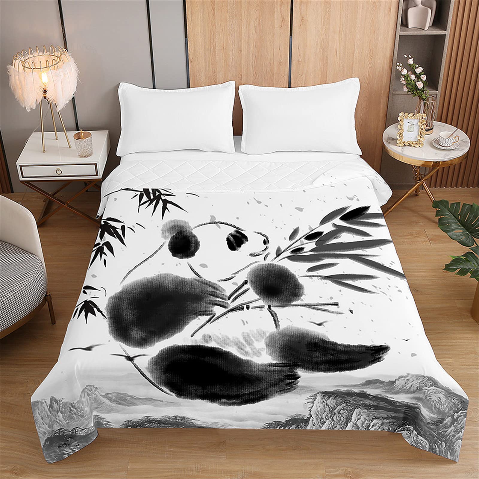 Couvre-Lit Matelassé 3D Panda Noir 150x200cm - Microfibre Douce Hiver Été
