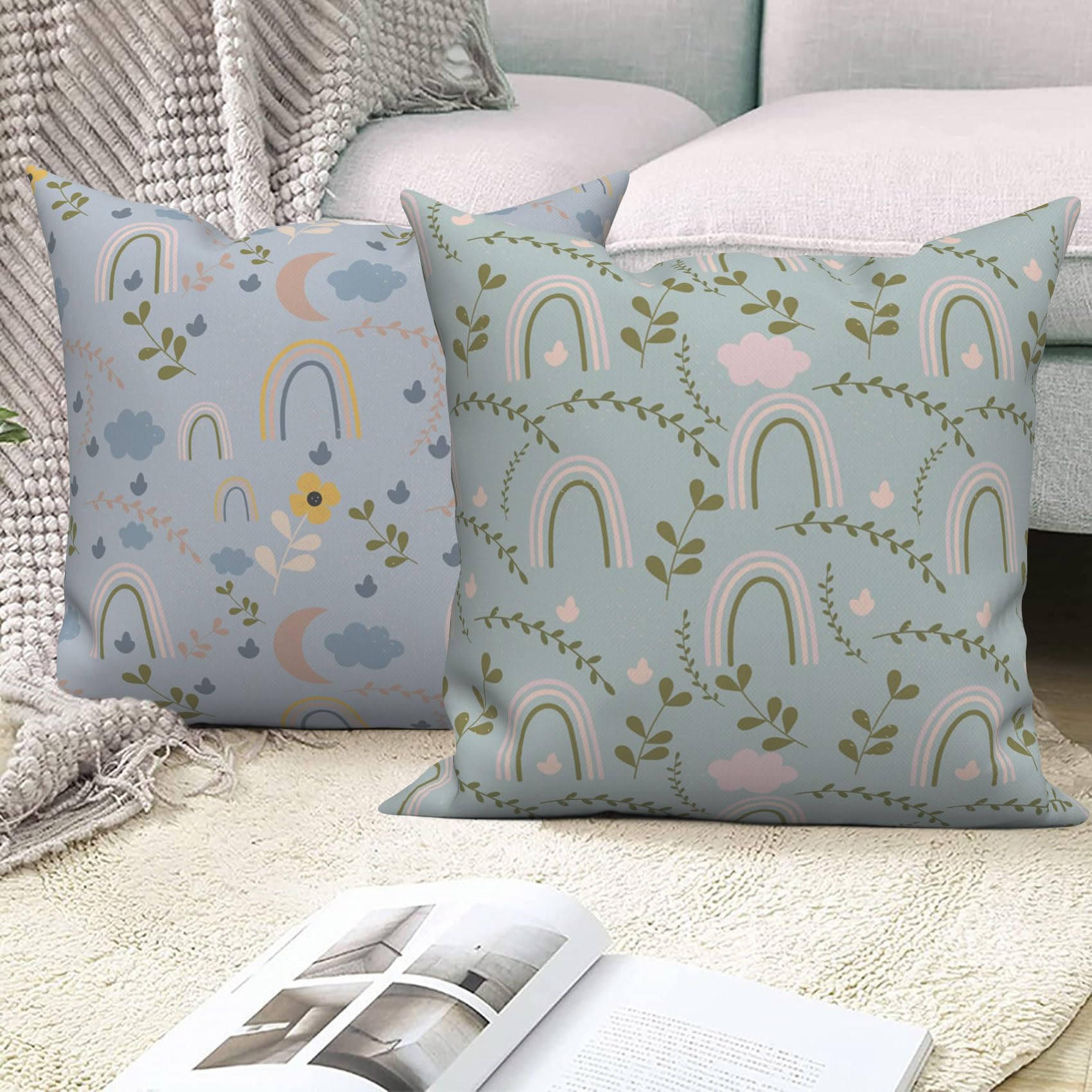 Set 4 Federe Cuscino 45x45 Cm Con Frasi Motivazionali - Fiori E Arcobaleno, Decorazione Cameretta