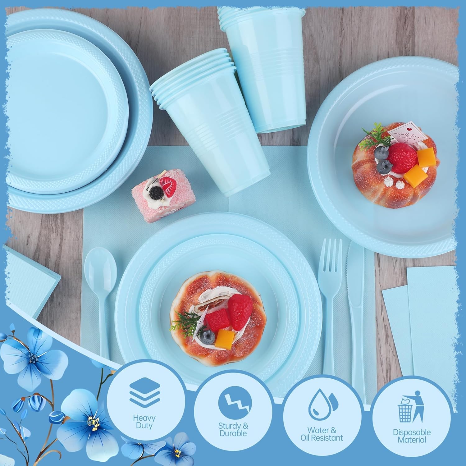Kochorie 480 Pieces Light Blue Plastic Dinnerware Set Disposable Heavy Duty Plates Napkins Cups Silverware Dessert Dinner Plates for Birthday Wedding Baby Shower Party Supplies, Serves 60 Guests