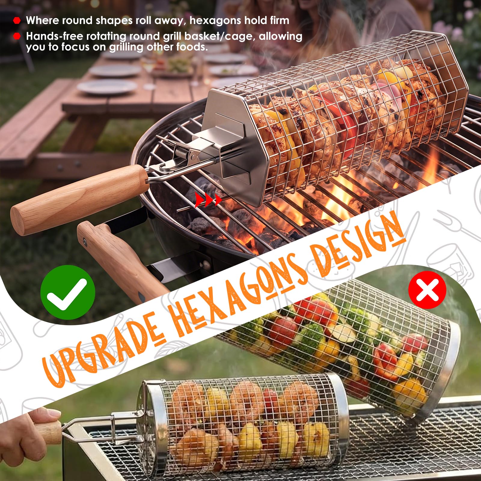 Panier à Barbecue Roulant, Design Hexagonale à Ouverture Rapide, Poignée Détachable, Acier Inoxydable 304, Gigogne, Accessoires Grille à Legumes, Ustensiles Grill de Cuisine Exterieur Camping