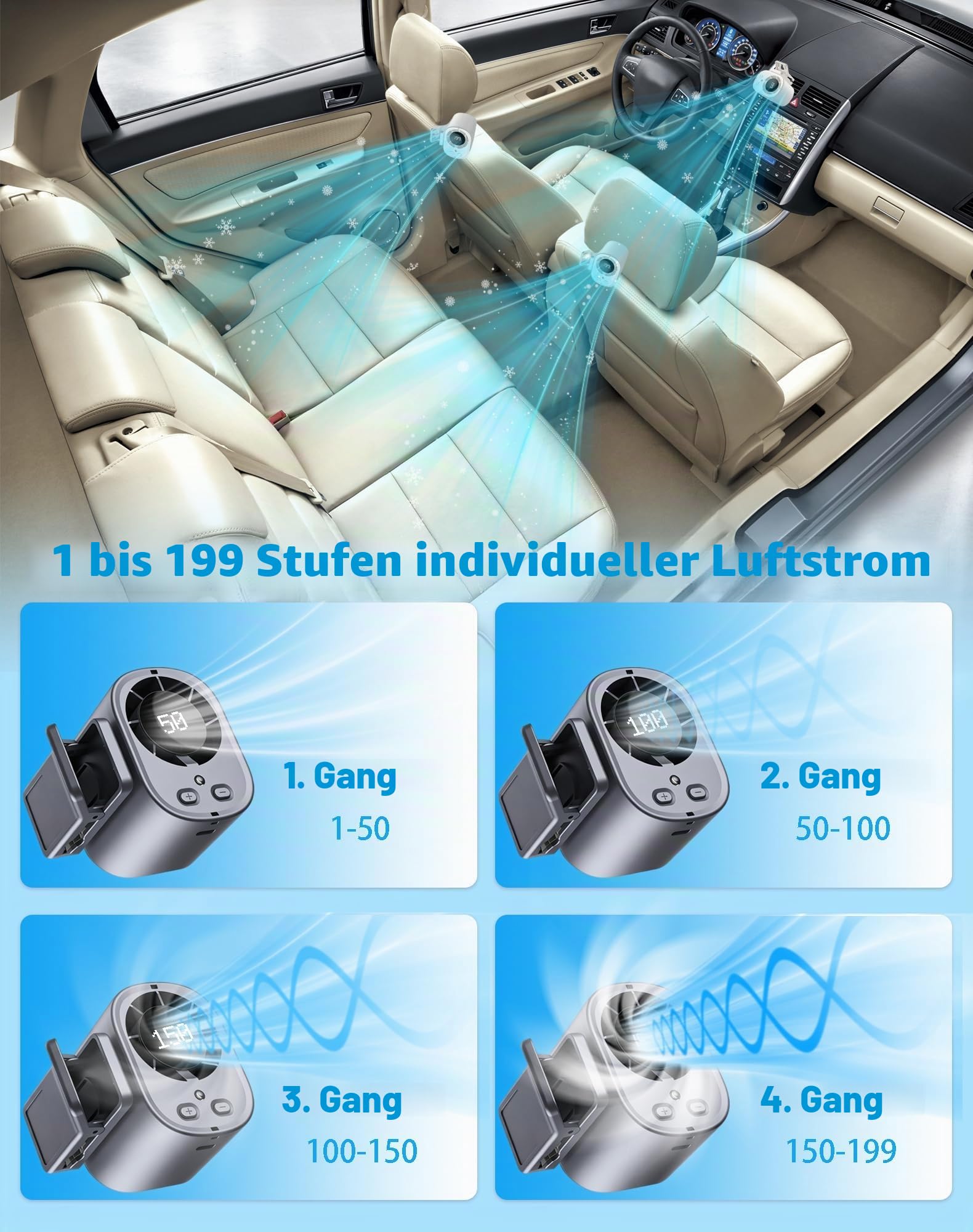 2026 Auto Clip on Klimaanlage Ventilator mit LED Display - 360° Drehung, 199 Geschwindigkeiten & Halbkühlungstechnologie, USB Wiederaufladbarer Persönlicher Ventilator, Freisprechanlage Clip on