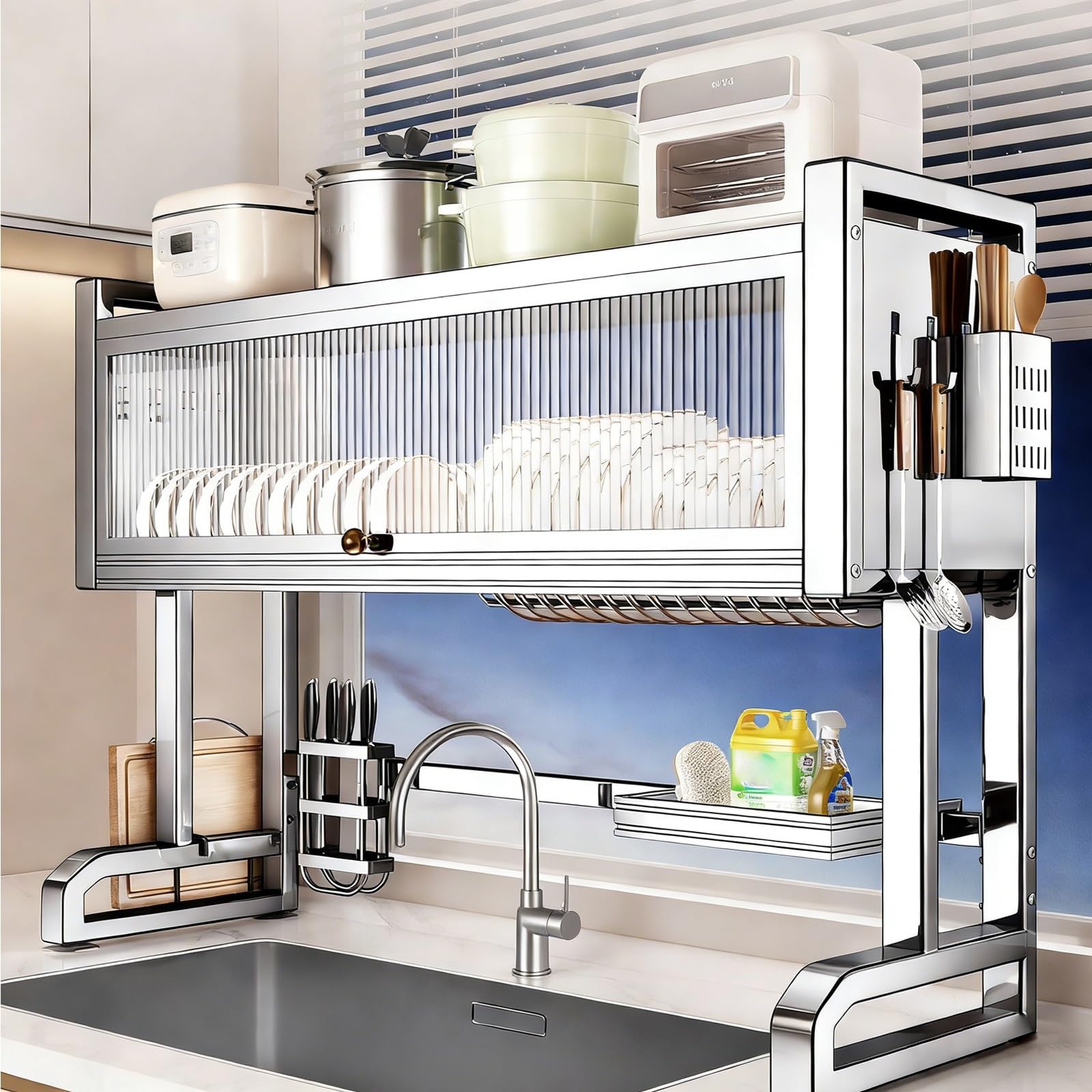Abtropfgestell aus Edelstahl, platzsparender Küchenorganizer mit Klapptür für Geschirr, Teller, Schüsseln, Tassen und Topfdeckel – stilvolles Design