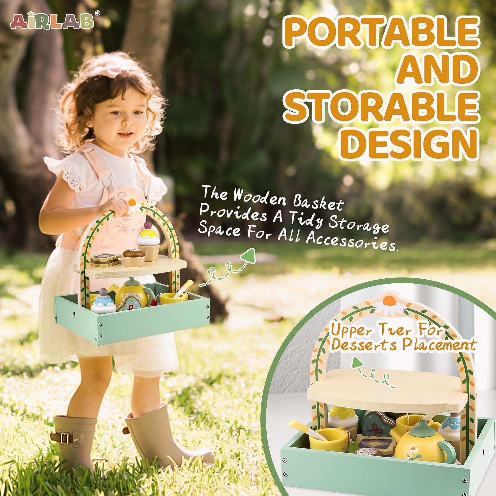 Airlab Set Tazzine Gioco per Servizio da Tè, Accessori Cucina Giocattolo in Legno per Bambini Bambina, Set Cibo Finto Giocattolo per Cucina Bambini, Regalo Bambino Compleanno Pasqua Halloween Natale