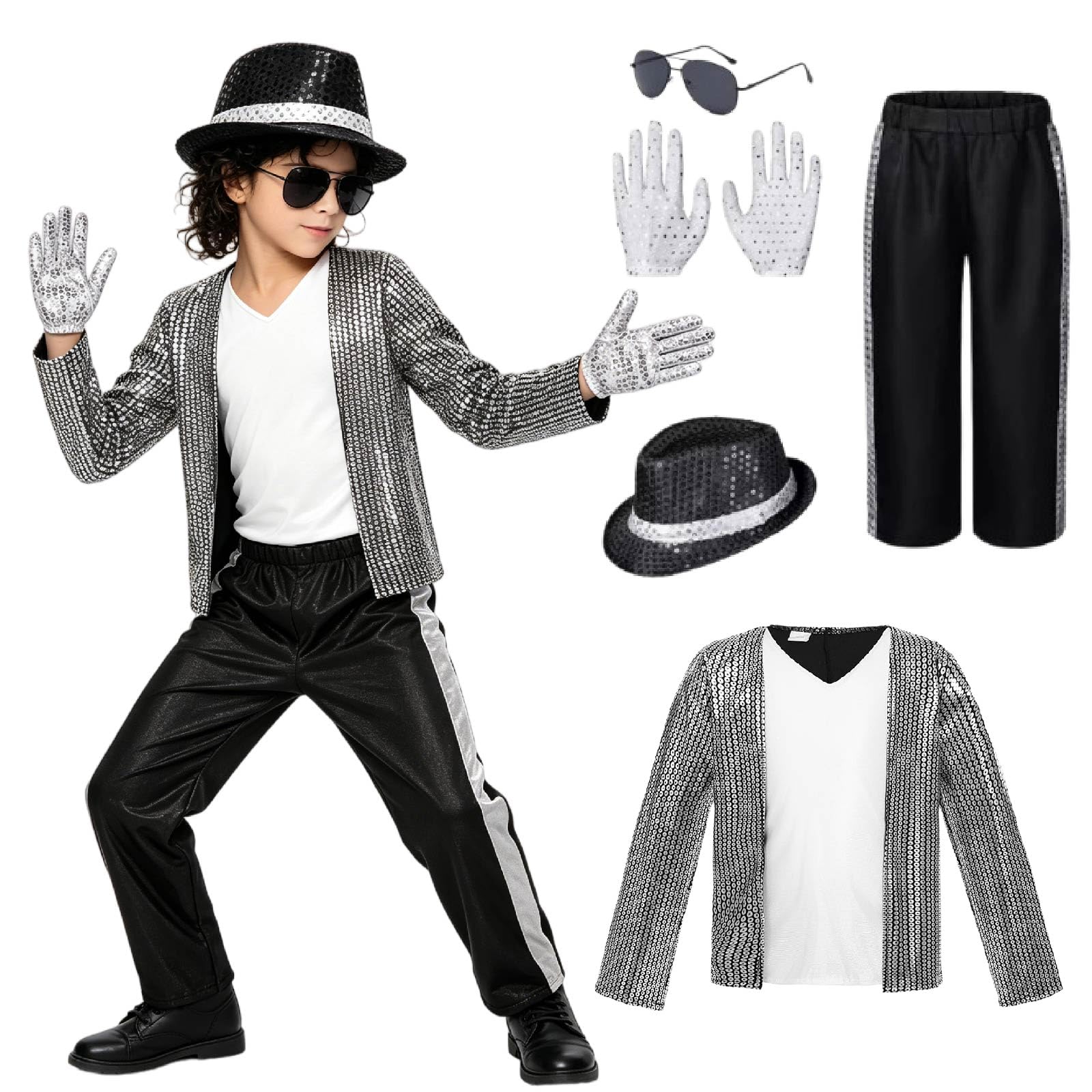 UZIPZ Michael Jackson Costume Kids, Kids Michael Jackson Costume 5-Piece Set with Shimmering Jumpsuit-Style Top, Striped Pants, Hat & Gloves, 80s 90s Music Icon Fancy Dress for Halloween (Silver, M)