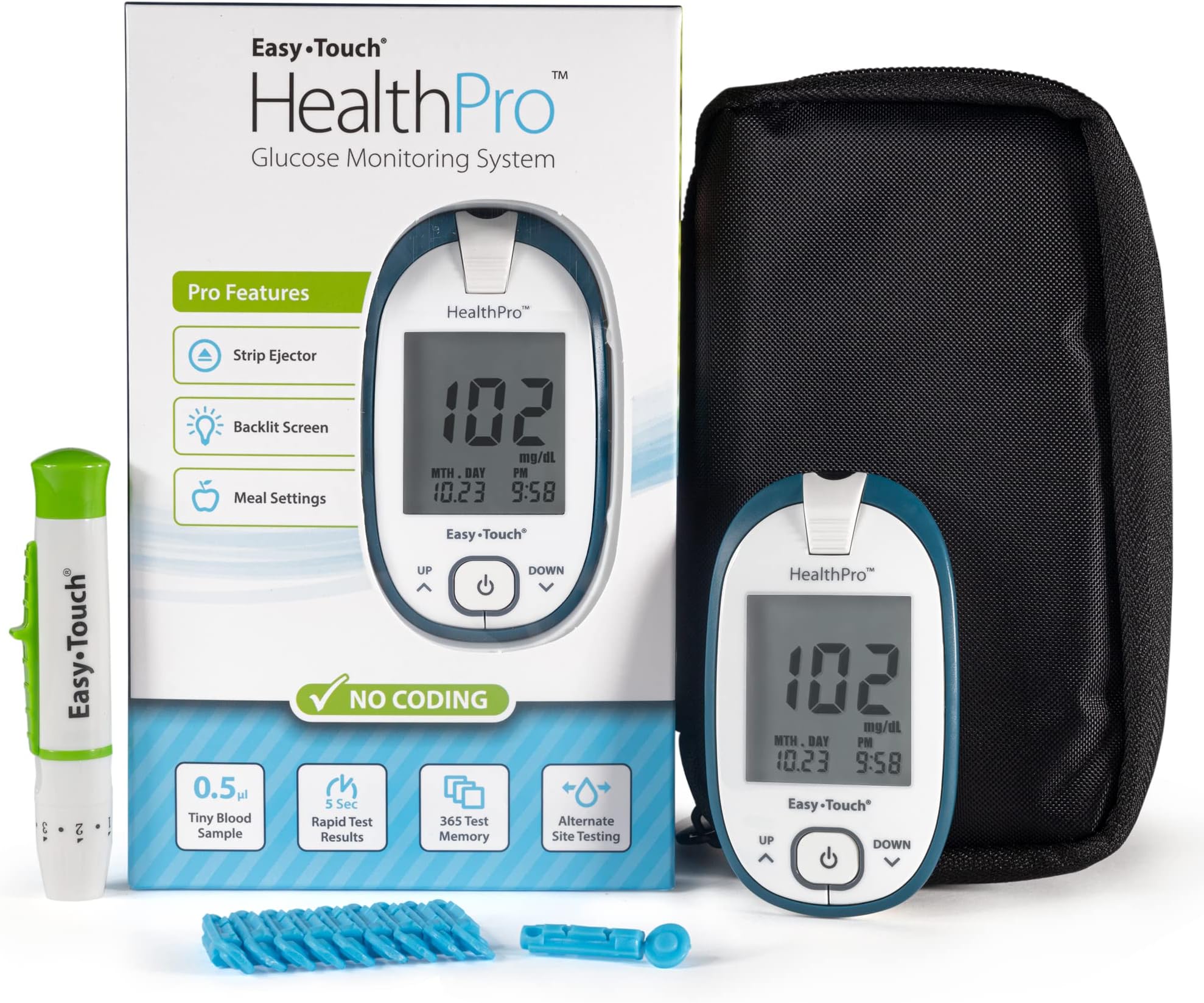 HealthPro Blood Glucose Monitoring System by EasyTouch – Easy-to-Read Backlit Display, Test Strip Ejector & Advanced Tracking, Includes Meter, Lancing Device & 10 Lancets (Test Strips Sold Separately)