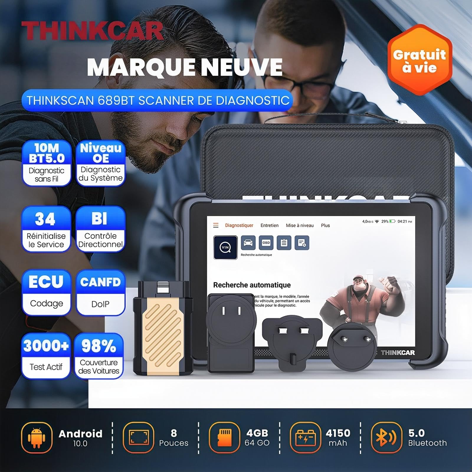 THINKCAR Valise Diagnostic Auto, TK689BT Outil de Diagnostic Bidirectionnel, Diagnostic Automobile Complet, Scanner pour Voiture avec Test d'action, 34+ Réinitialisation, FCA Autoauth, CANFD&DoIP