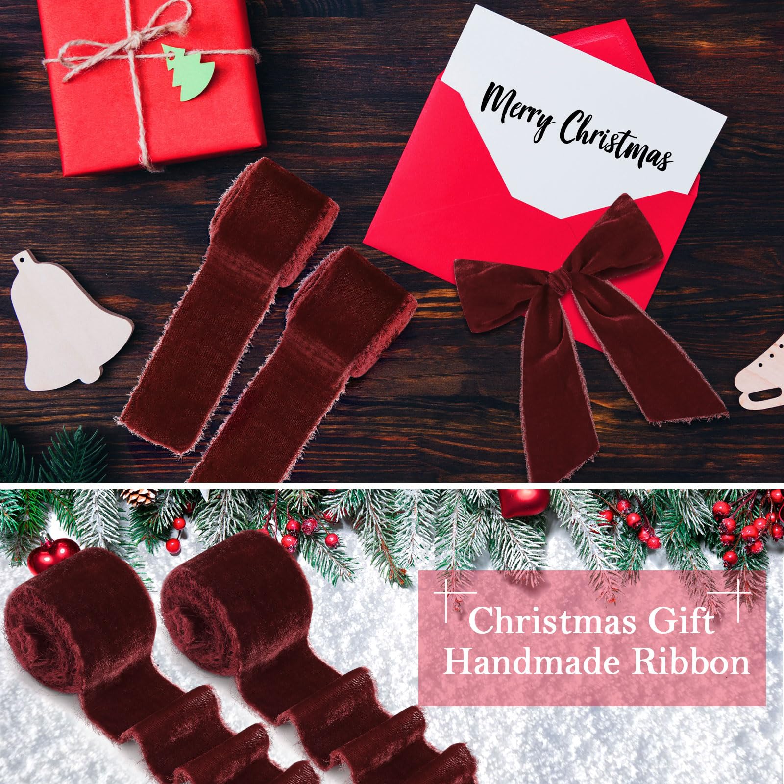 22 Meter Weihnachts-Samt-Geschenkband, 8 Rollen Seide ausgefranst, handgefertigtes Samtband für Hochzeitsstrauß, Einladung, Weihnachtskränze, Dekoration, Geschenkverpackungen, Karten, DIY