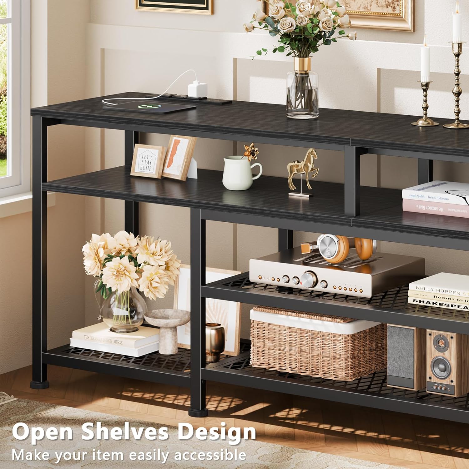 Furologee TV Stand with Power Outlets and LED Lights, 63 Inch Entertainment Center for 60 65 70 Inch TVs, Media Console Table with Open Shelves, for Bedroom, Living Room, Black