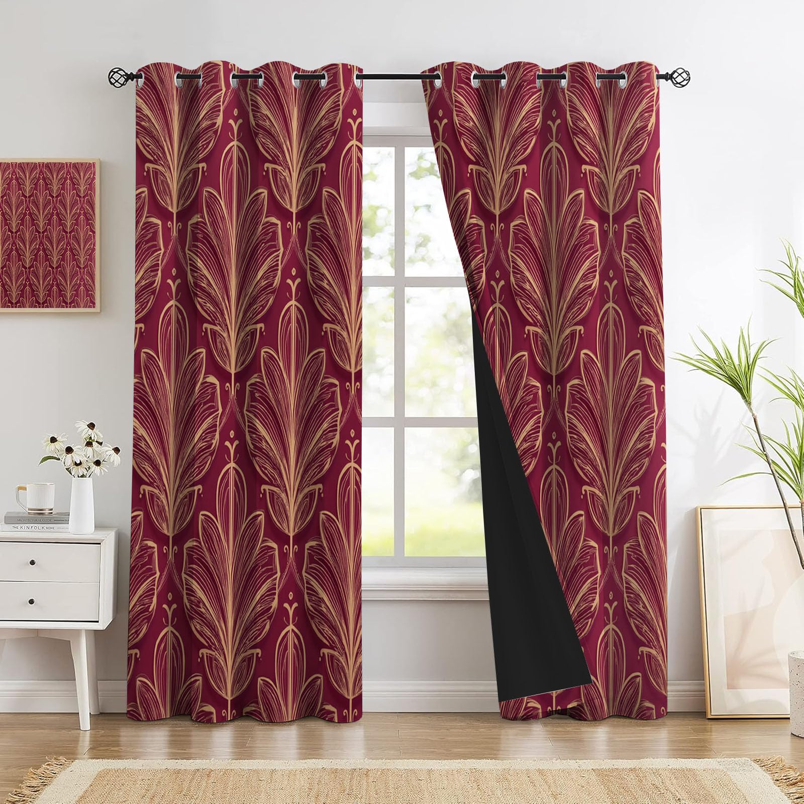 Rideau Occultant Thermique Anti Froid Luxe Rayures Feuilles, 110Lx215H Cm Lot De 2 À Oeillets, Tenture Opaque Art Botanique Decoration pour Chambre Salon Intérieurs, Rouge Bordeaux